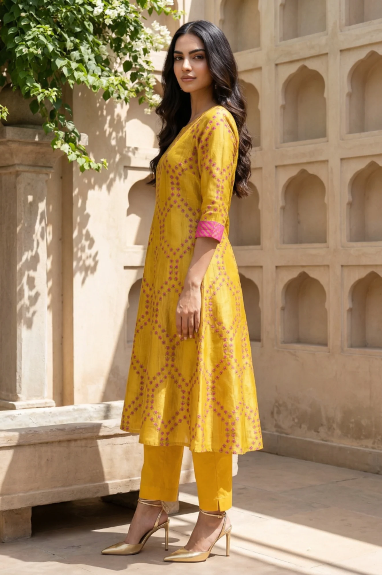 Marigold Yellow Floral Printed Straight Shantung Kurta - Image 3