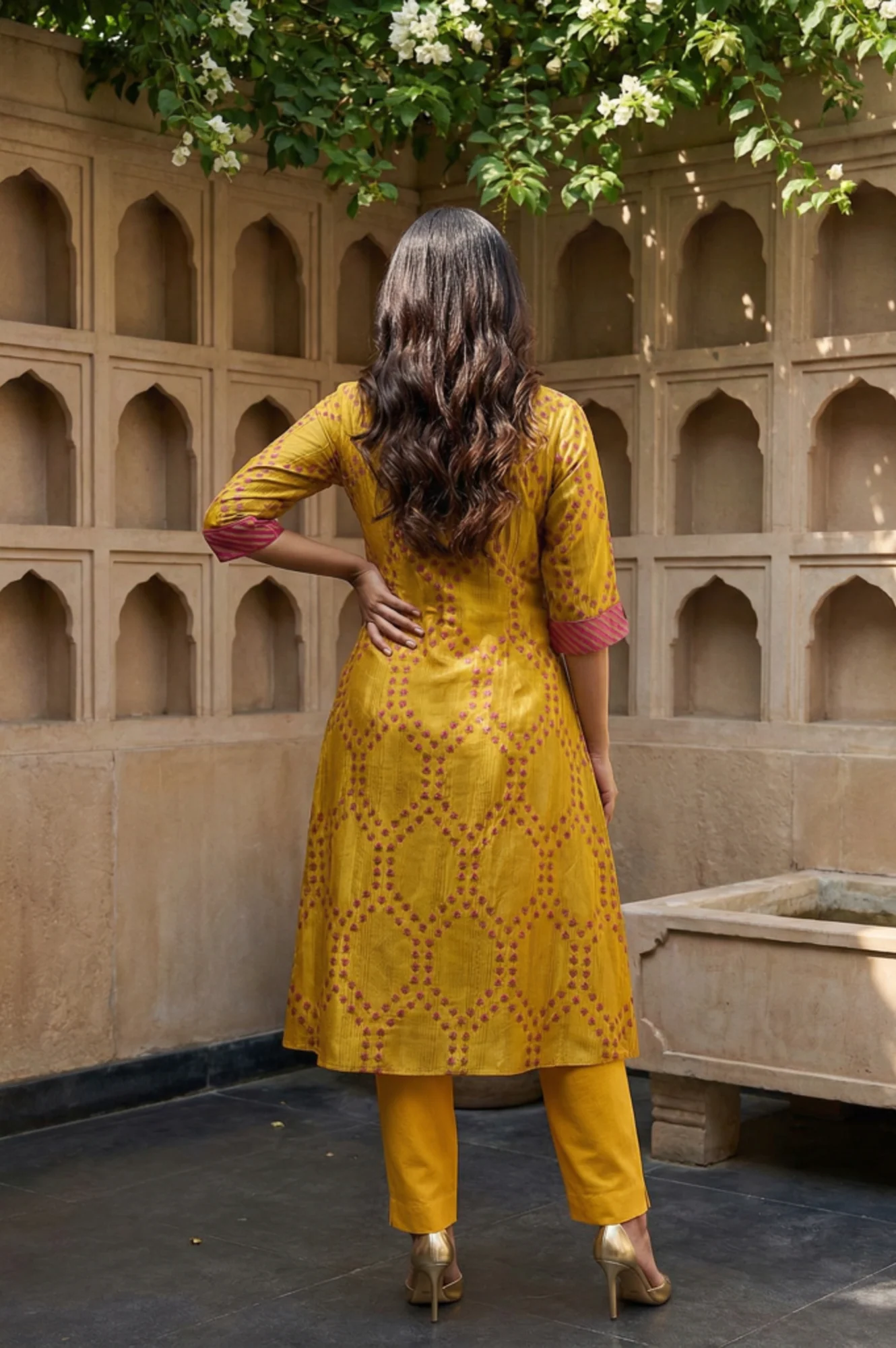 Marigold Yellow Floral Printed Straight Shantung Kurta - Image 4