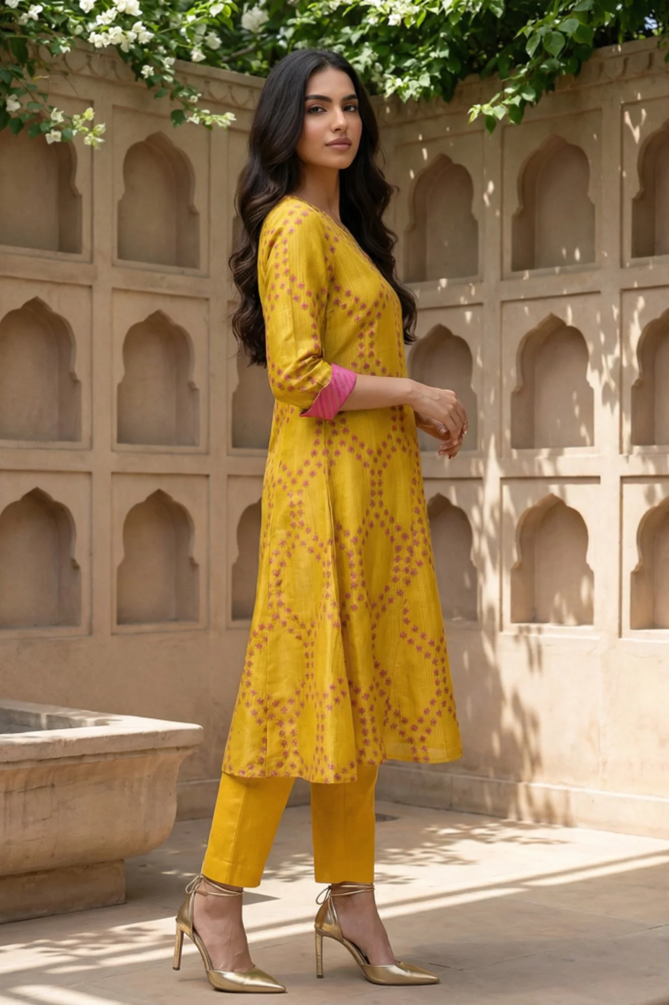 Marigold Yellow Floral Printed Straight Shantung Kurta - Image 5