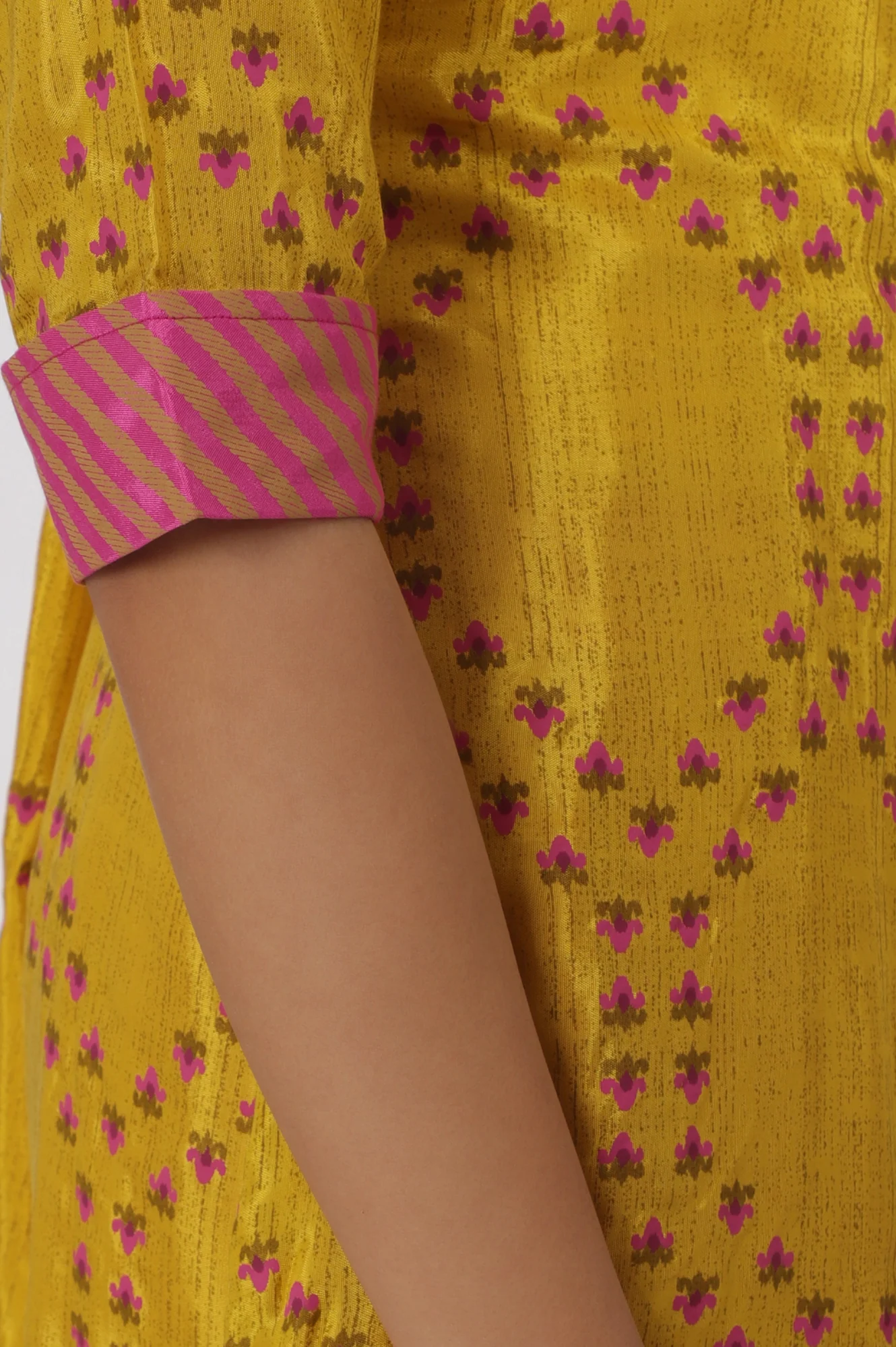 Marigold Yellow Floral Printed Straight Shantung Kurta - Image 6