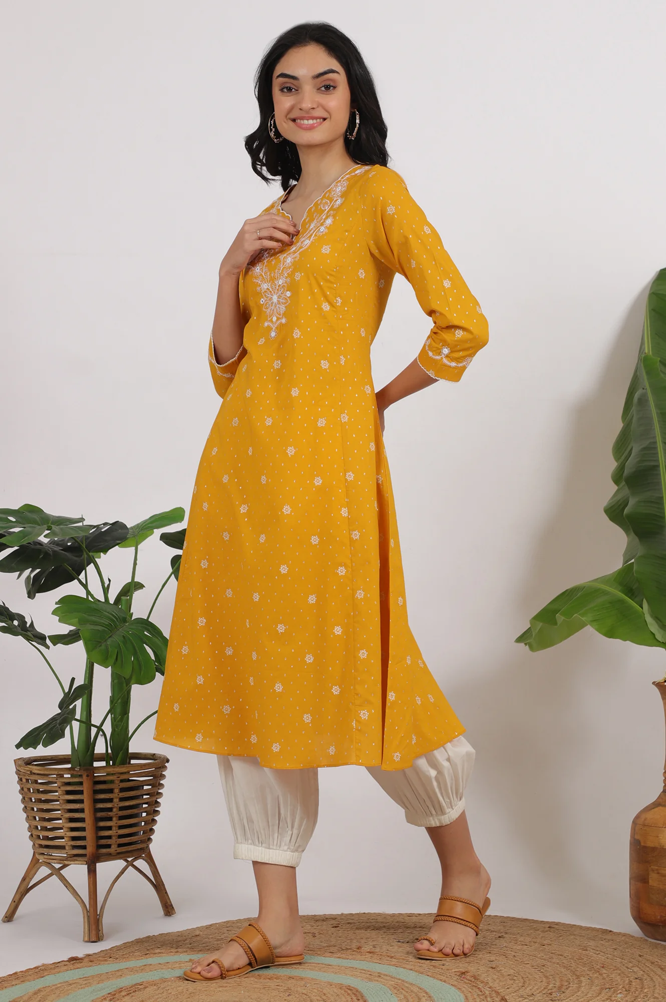 Marigold Yellow Printed Cotton Lurex Dobby Flared Kurta with Embroidered Yoke - Image 5