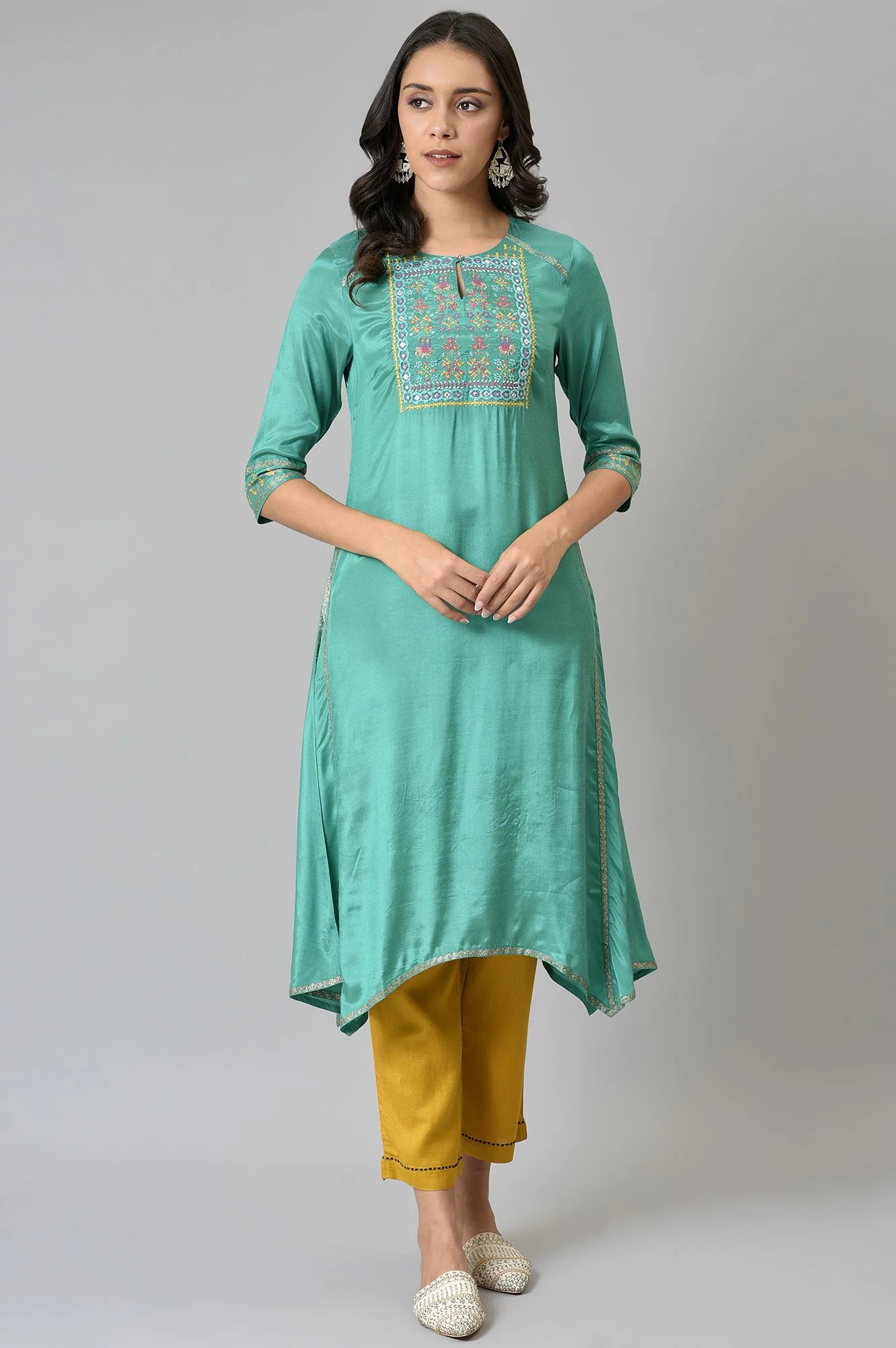 Marine Green Embroidered and Mirror work Kurta - Image 5