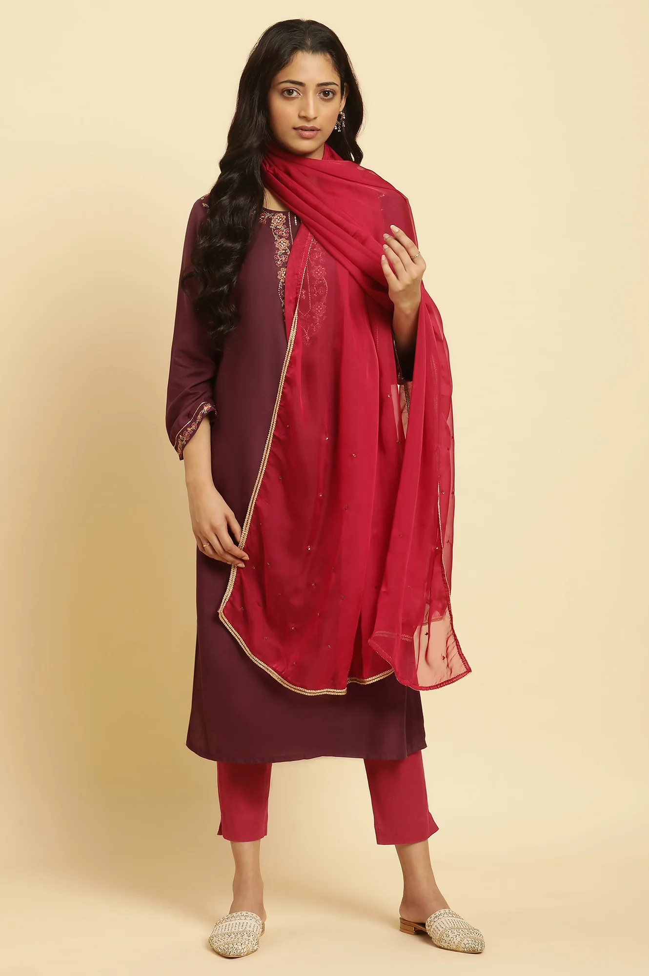 Maroon Chiffon Embellished Festive Dupatta - Image 2