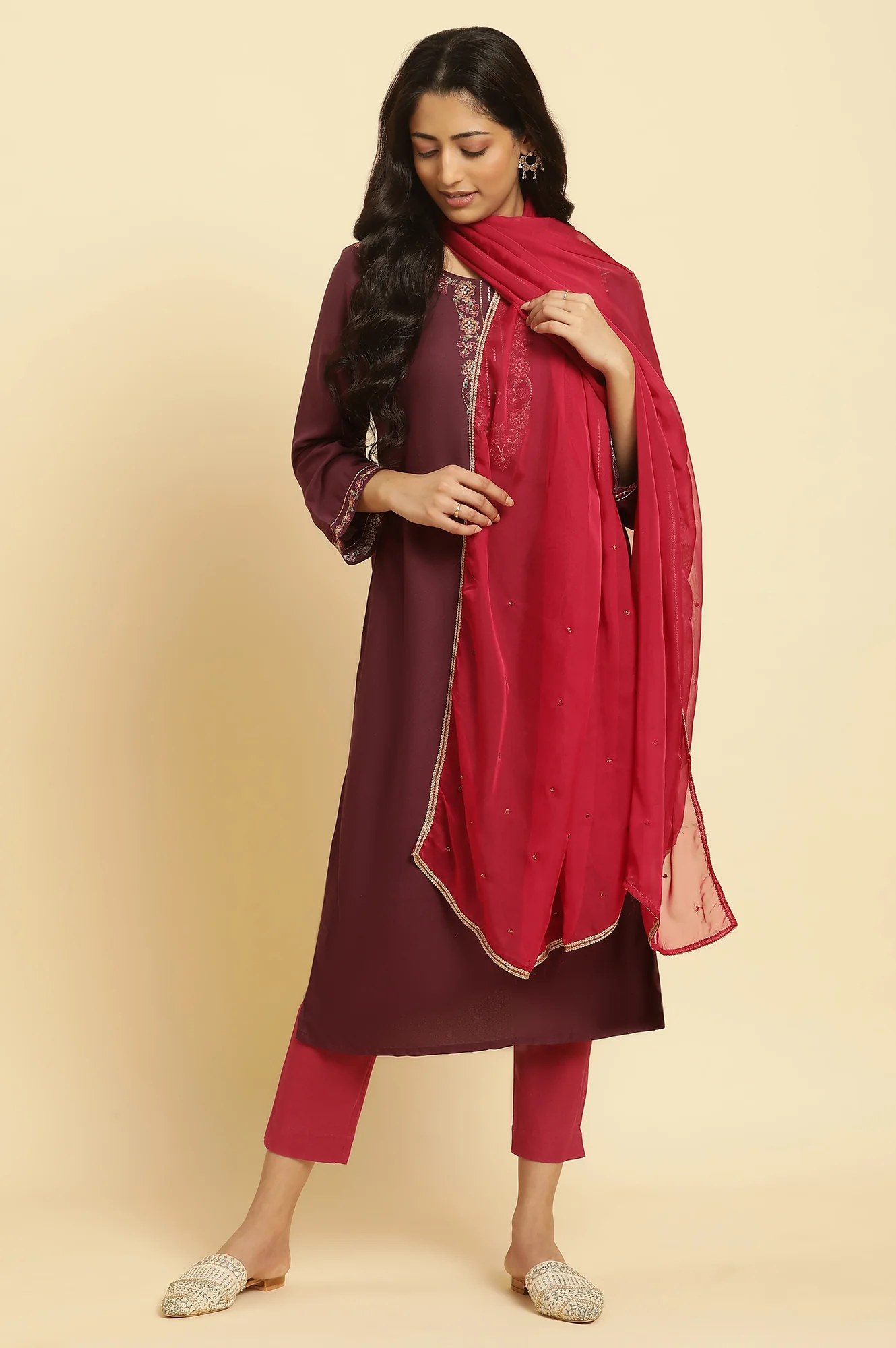 Maroon Chiffon Embellished Festive Dupatta - Image 3