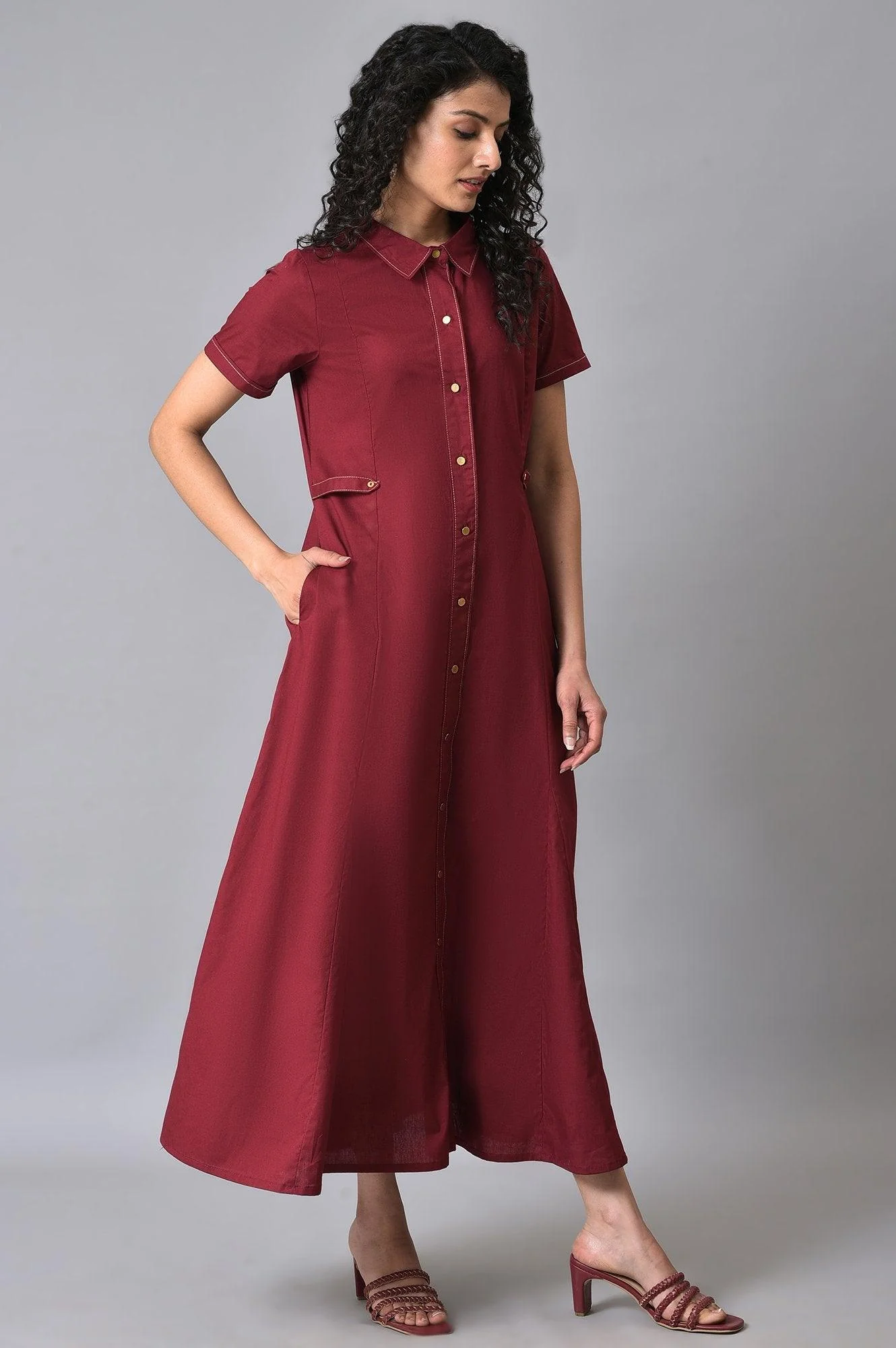 Maroon Cotton Western Summer Shirt Dress for Women - Image 5