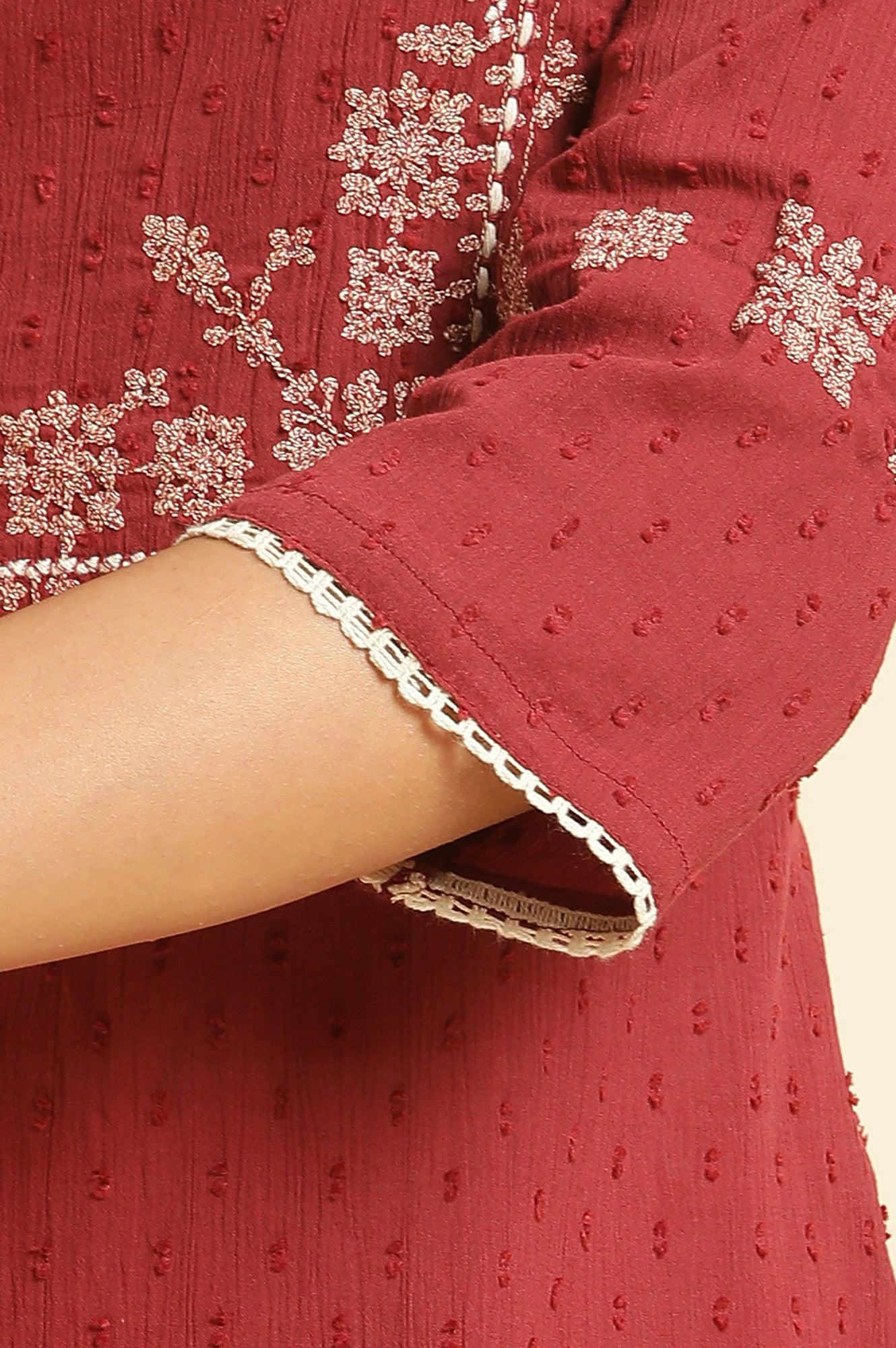 Maroon Crinkled Swiss Dot Kurta With Embroidery - Image 7
