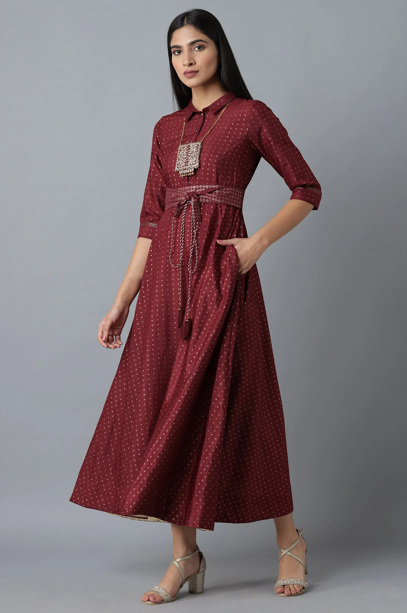 Maroon Dress in Polka Print - Image 3