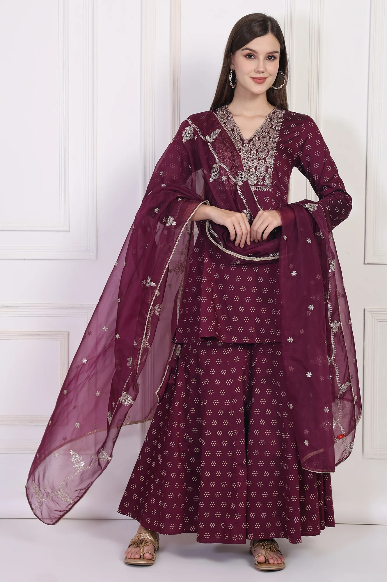 Maroon Embroidered A-Line Rayon Kurta with Sharara and Dupatta Set - Image 2