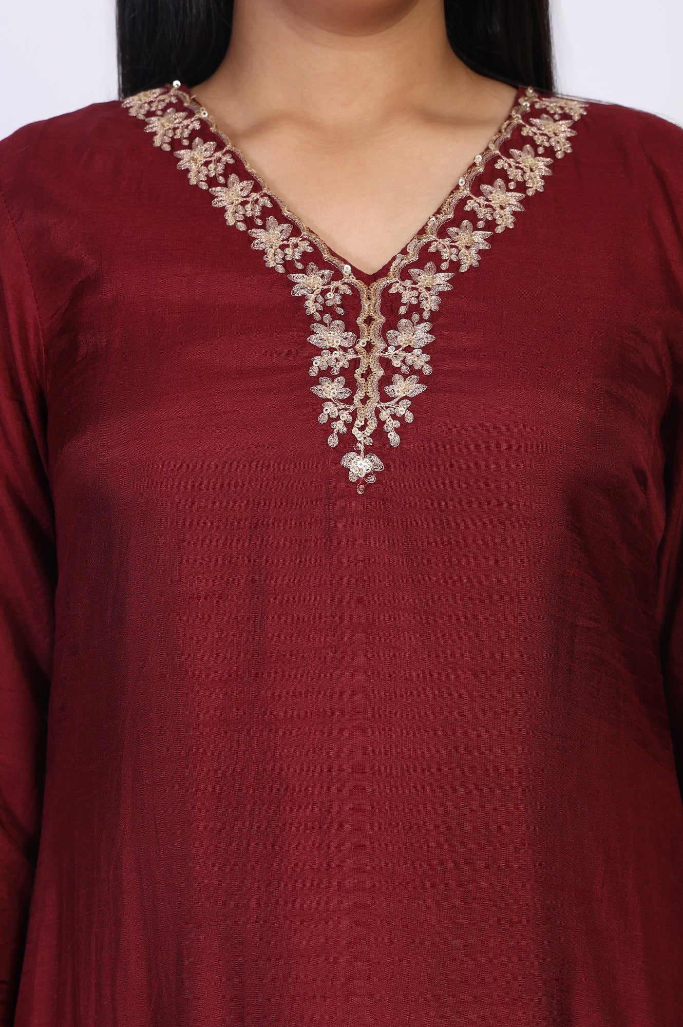 Maroon Embroidered A-Line Silk Kurta - Image 3