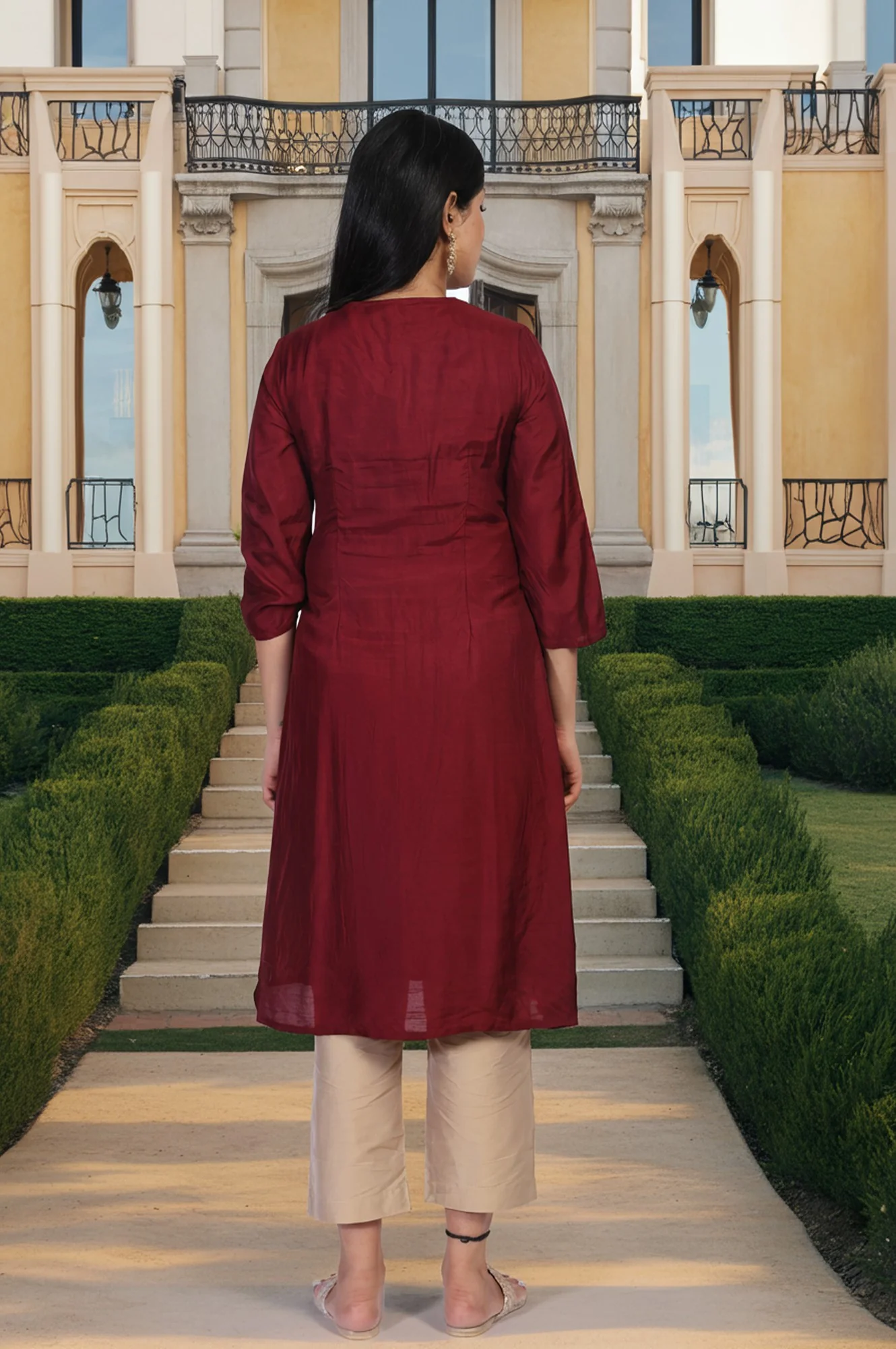 Maroon Embroidered A-Line Silk Kurta - Image 5