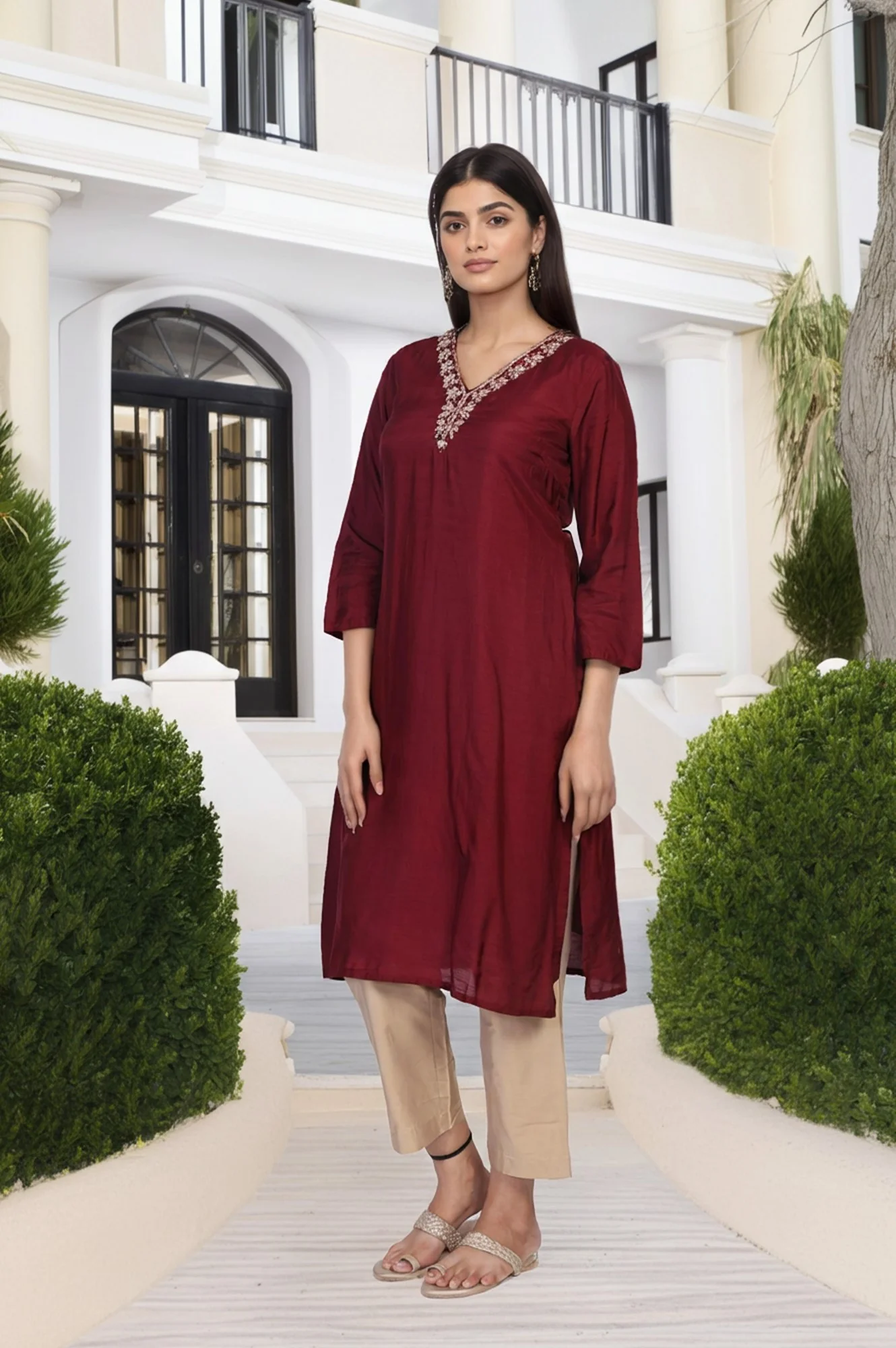 Maroon Embroidered A-Line Silk Kurta - Image 6