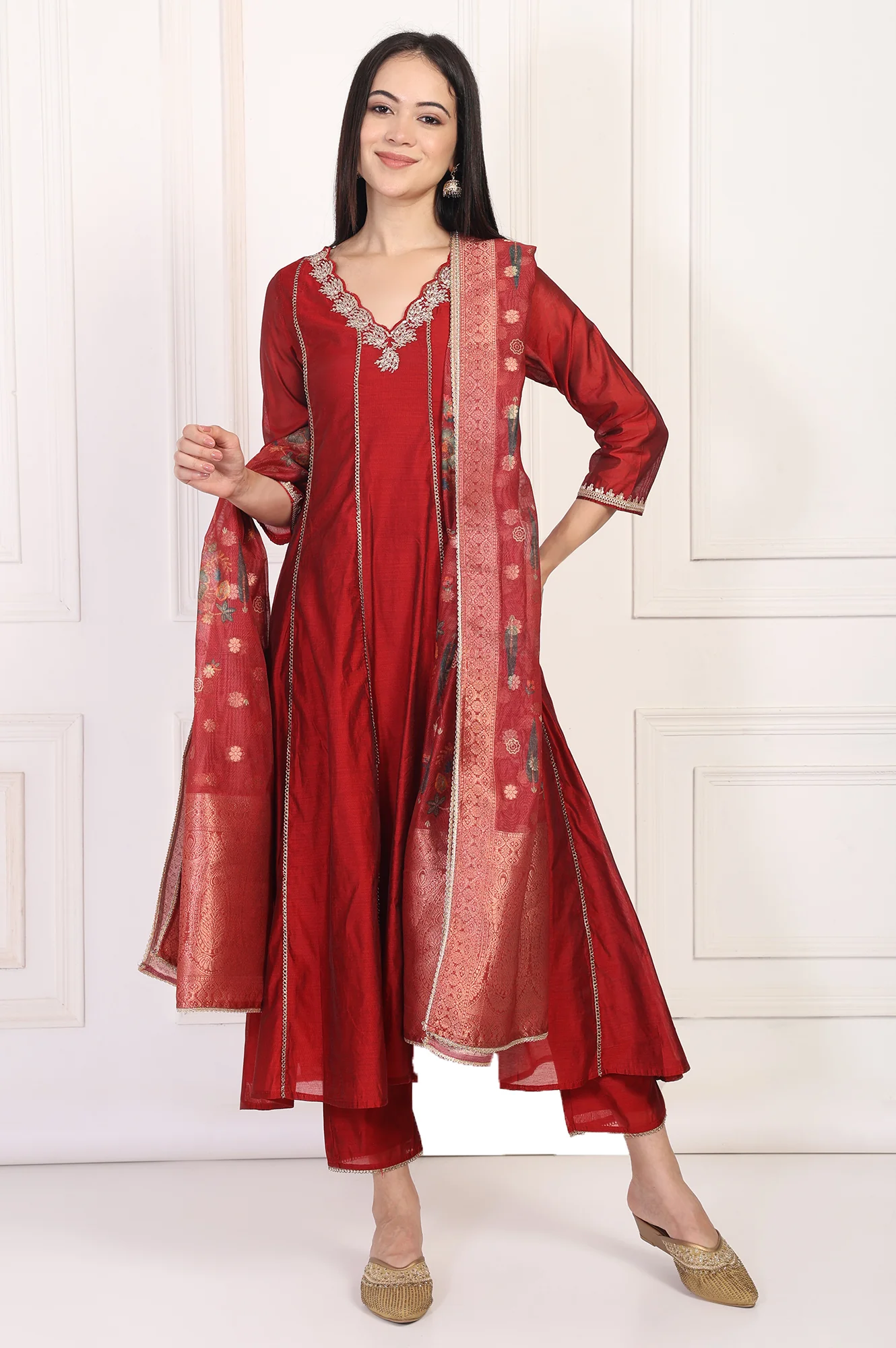 Maroon Embroidered Anarkali Art Silk Kurta with Straight Pant and Dupatta Set - Image 2