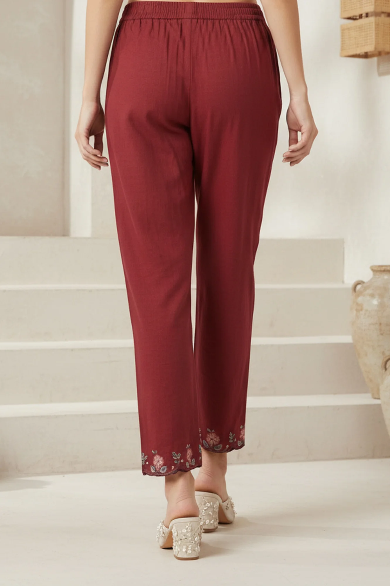 Maroon Embroidered Cotton Blend Straight Fit Ankle Length Pants - Image 5