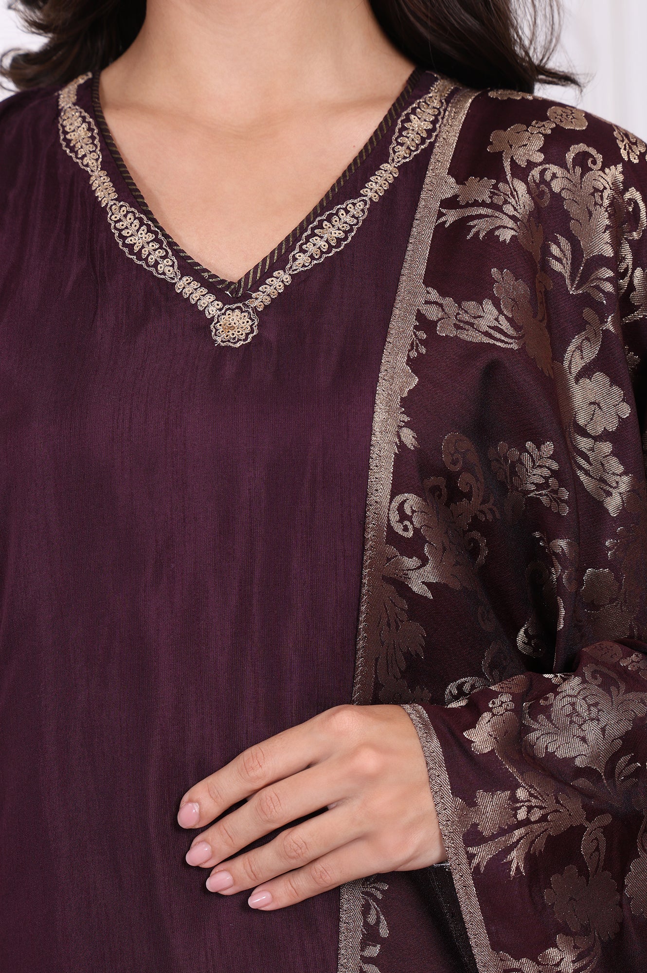 Maroon Embroidered Silk Straight Kurta, Pants and Dupatta Set - Image 3