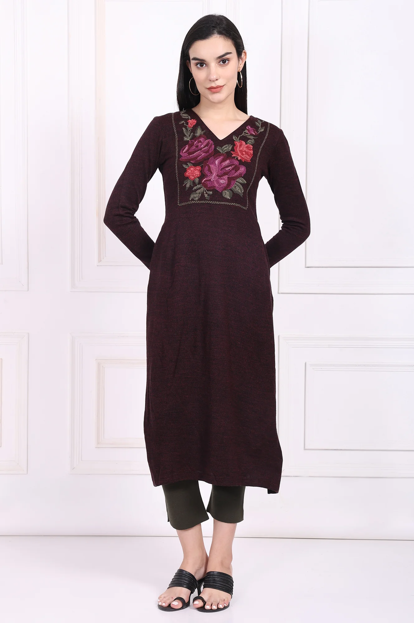 Maroon Embroidered Straight Acrylic Winter Kurta - Image 2