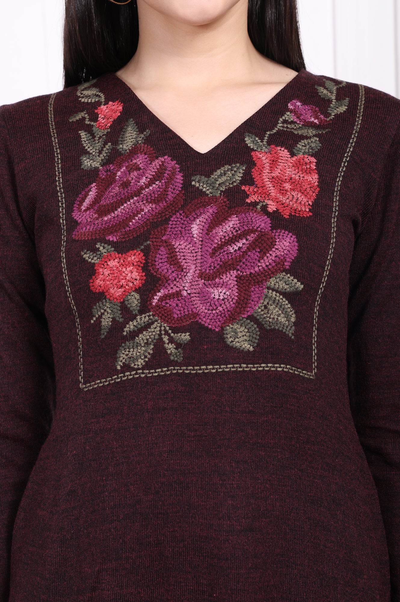 Maroon Embroidered Straight Acrylic Winter Kurta - Image 3
