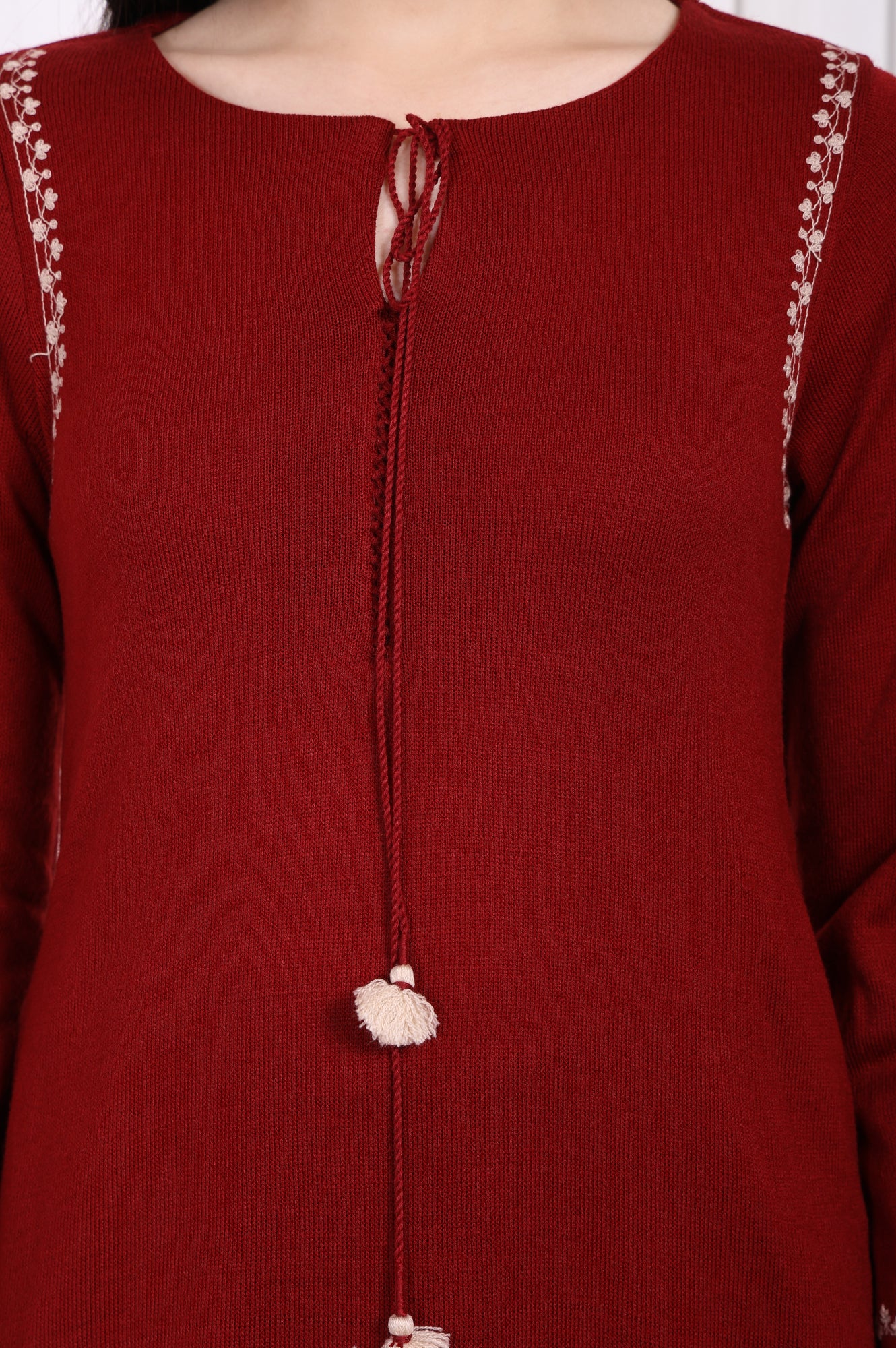 Maroon Embroidered Straight Acrylic Winter Kurta - Image 3
