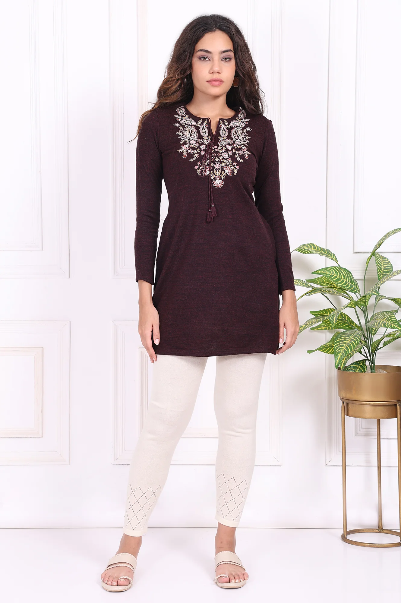Maroon Embroidered Straight Acrylic Tunic - Image 2