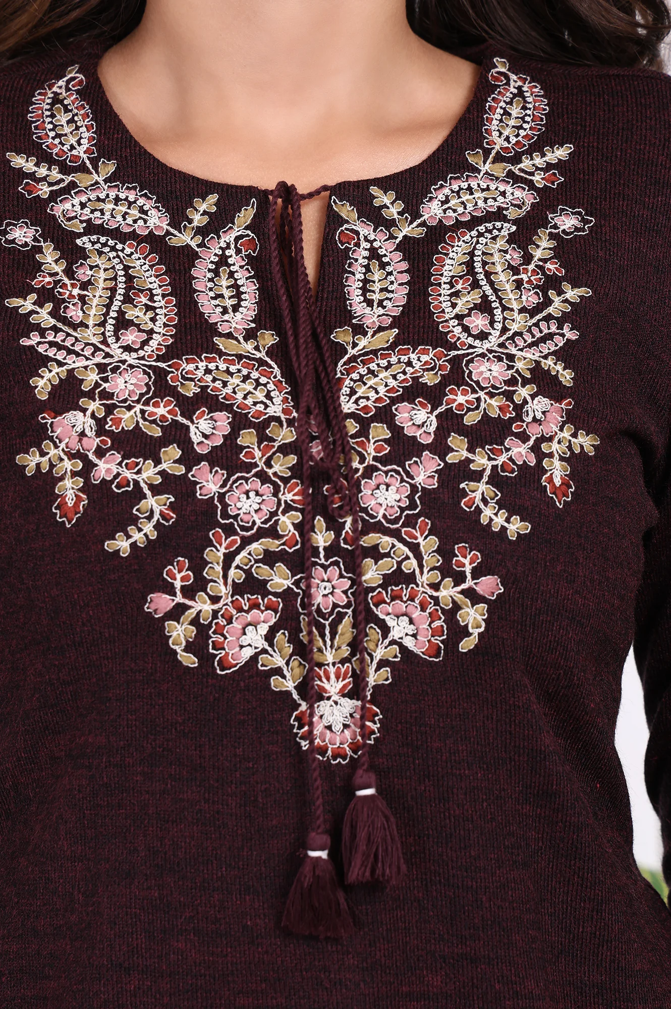 Maroon Embroidered Straight Acrylic Tunic - Image 3