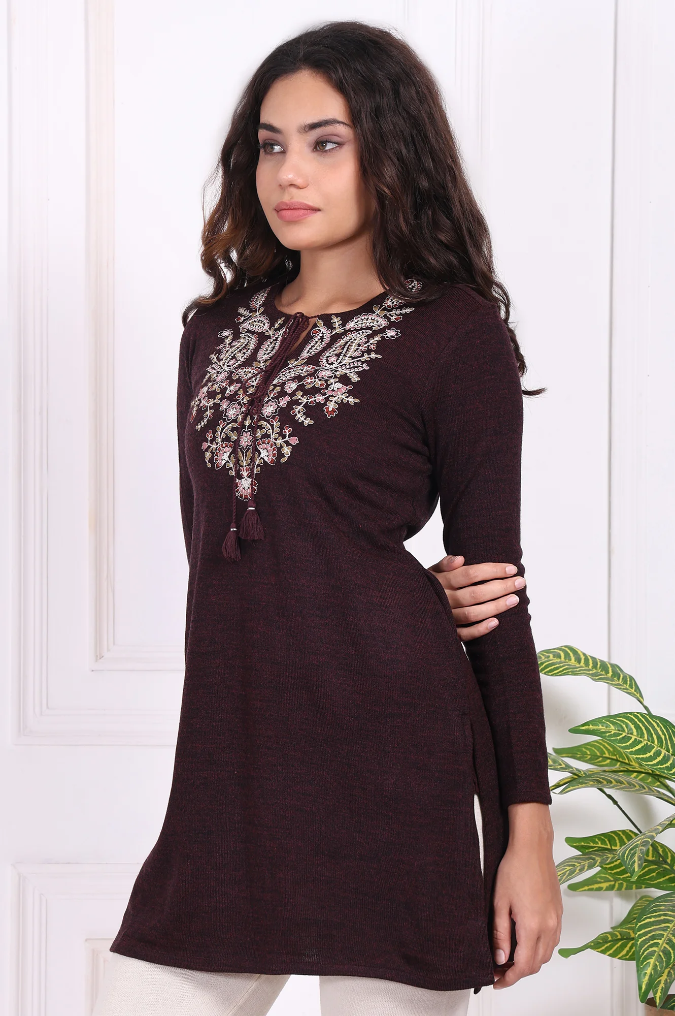 Maroon Embroidered Straight Acrylic Tunic - Image 4