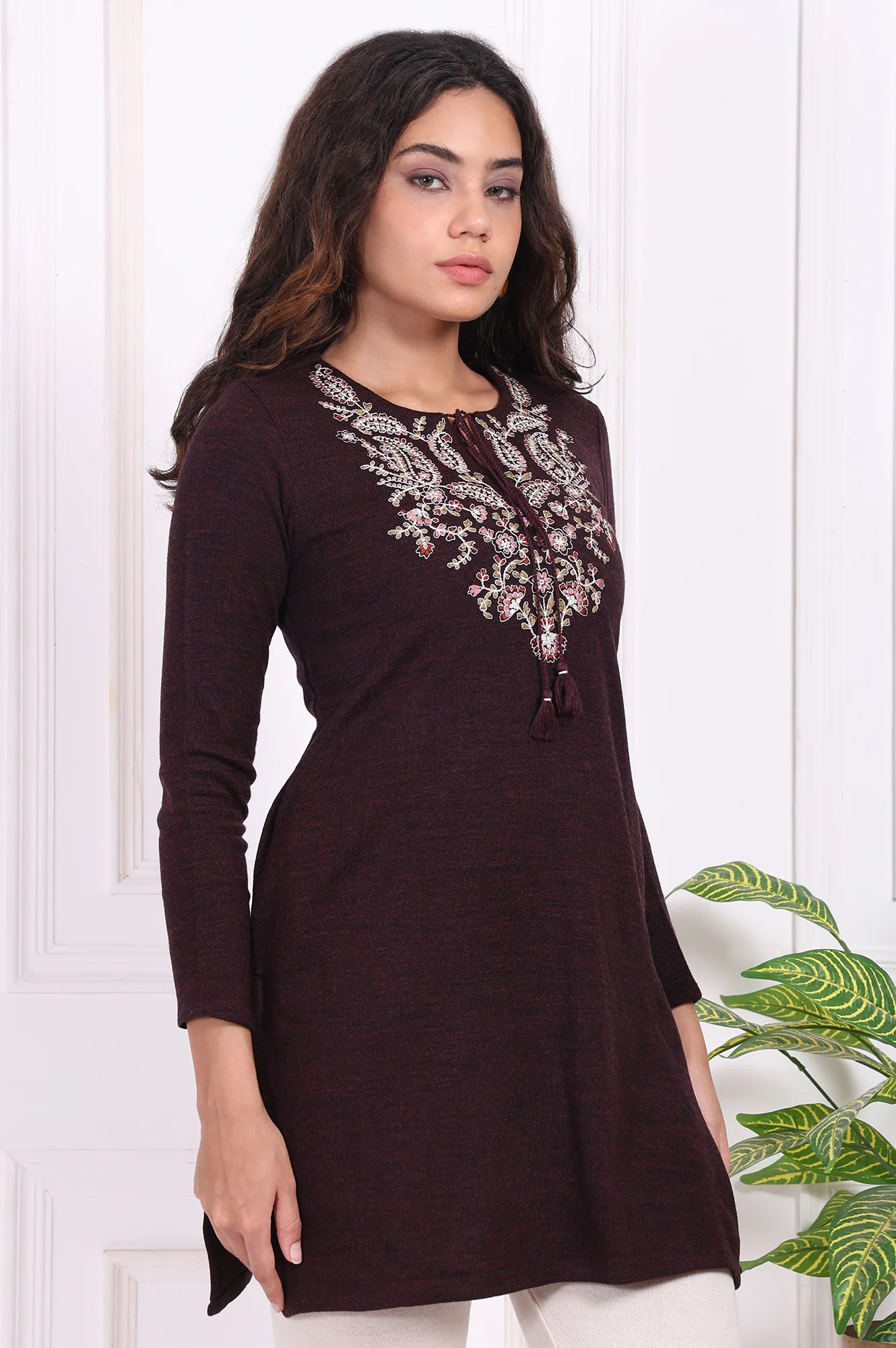 Maroon Embroidered Straight Acrylic Tunic - Image 6