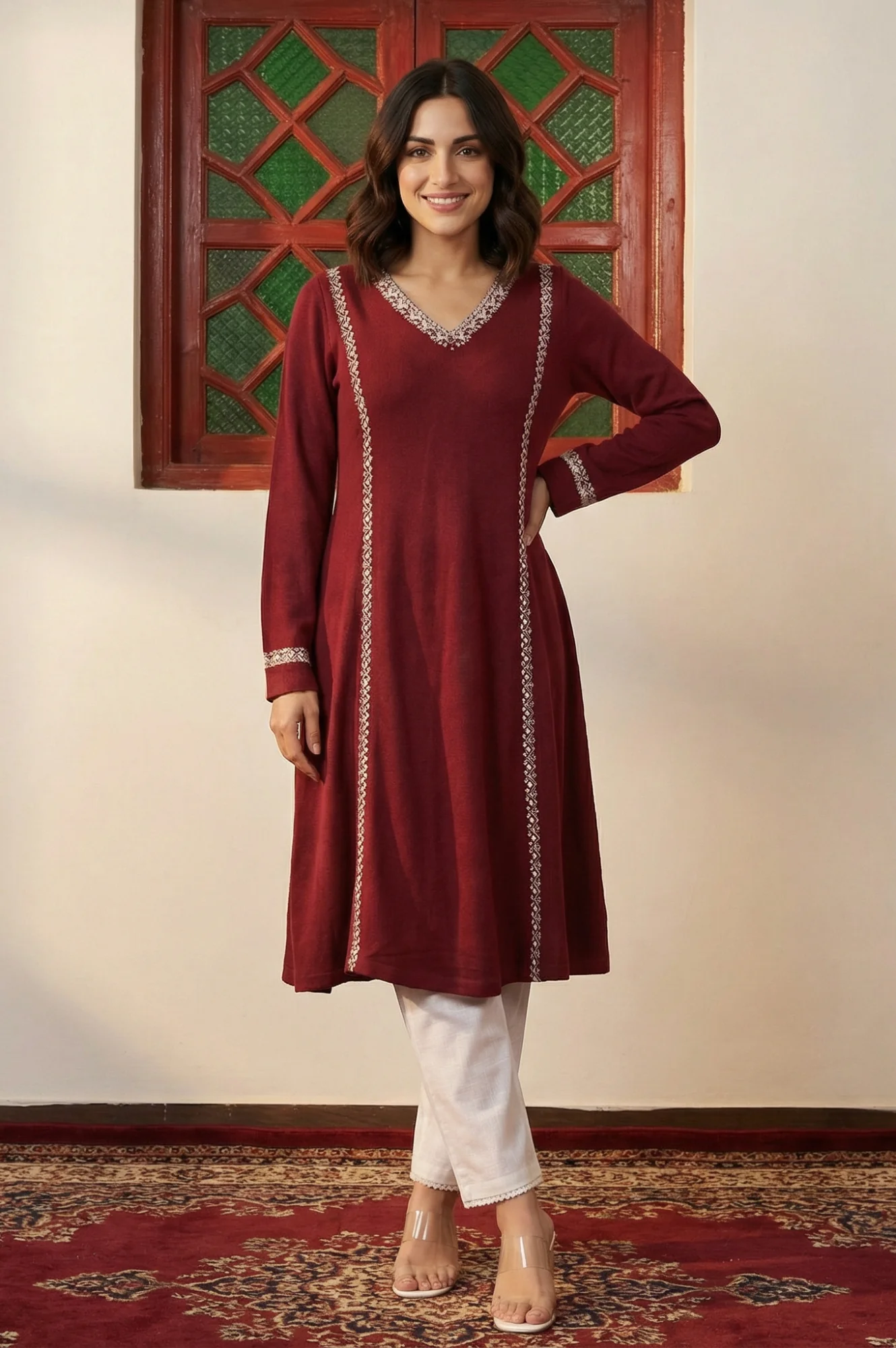 Maroon Embroidered Thread Work Acrylic A-line Kurta