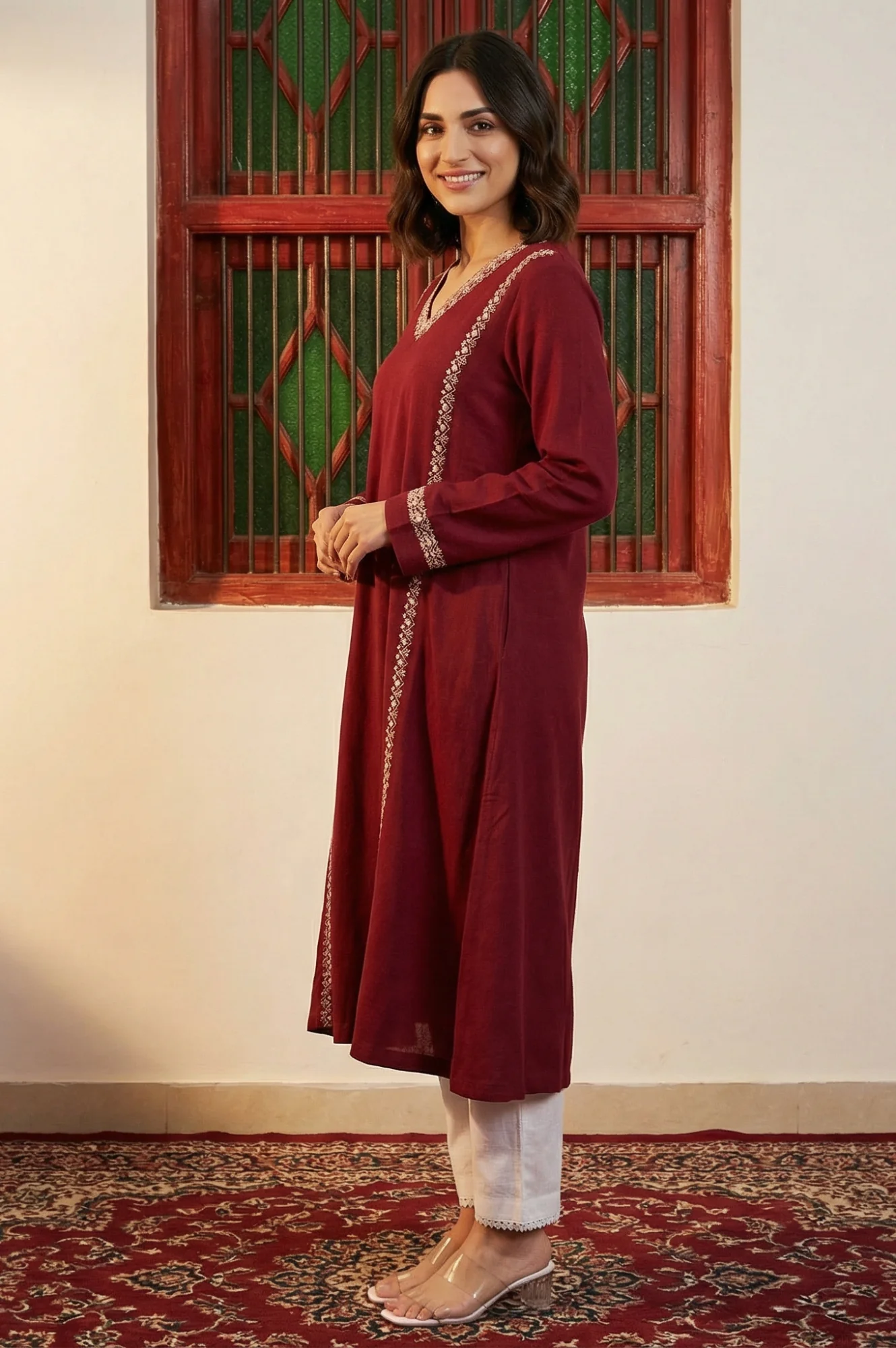 Maroon Embroidered Thread Work Acrylic A-line Kurta - Image 3
