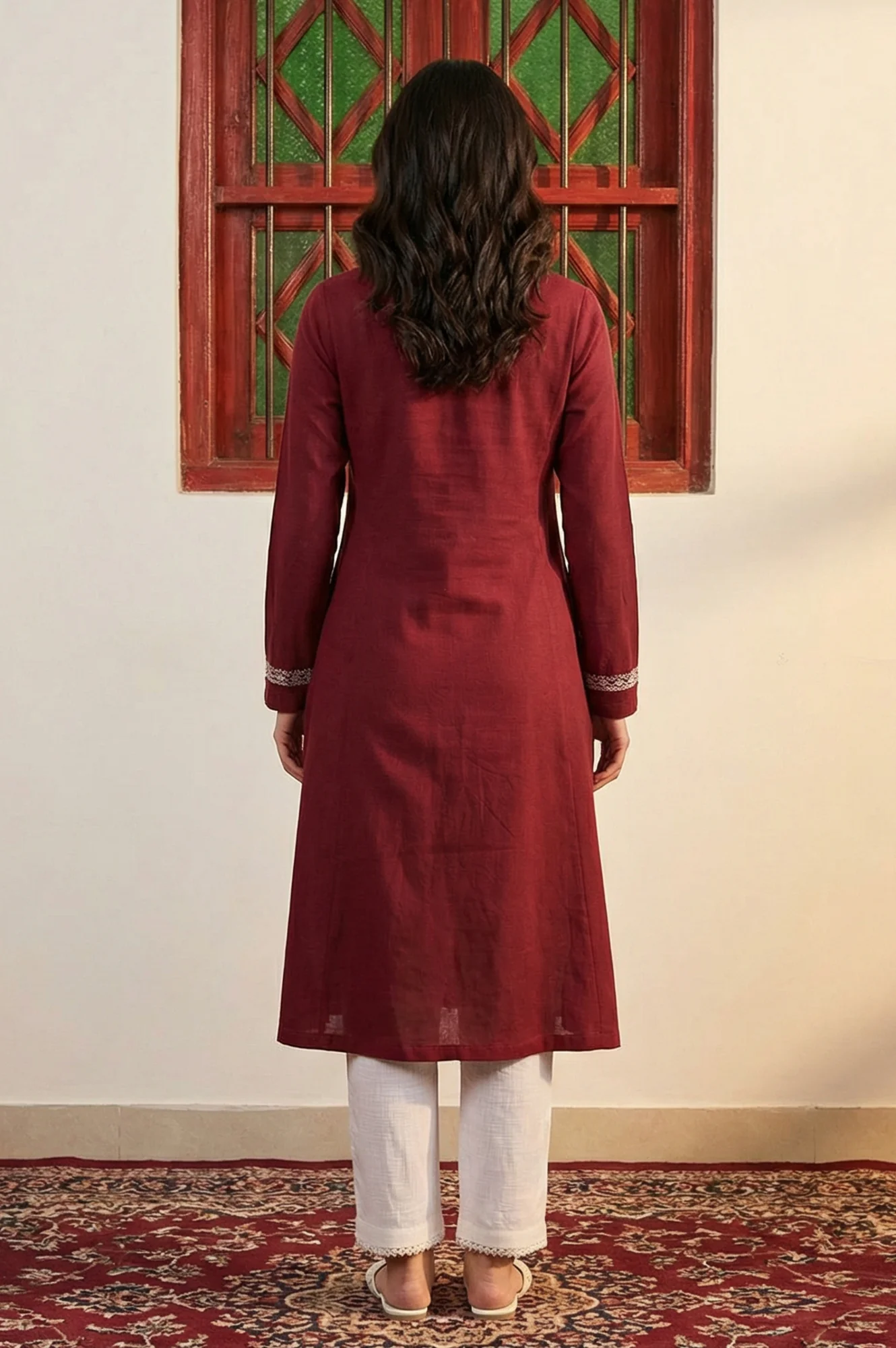 Maroon Embroidered Thread Work Acrylic A-line Kurta - Image 4