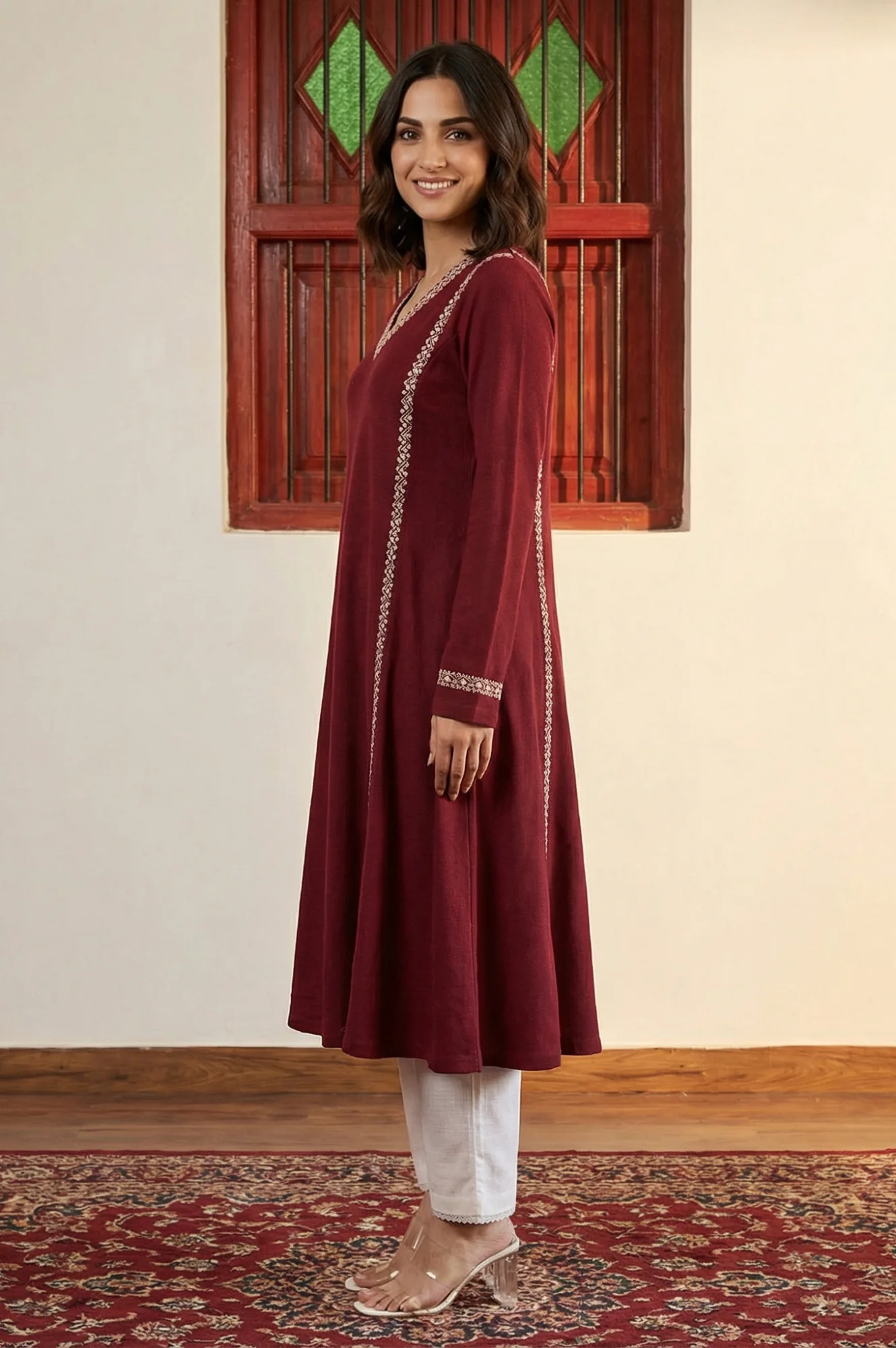 Maroon Embroidered Thread Work Acrylic A-line Kurta - Image 5