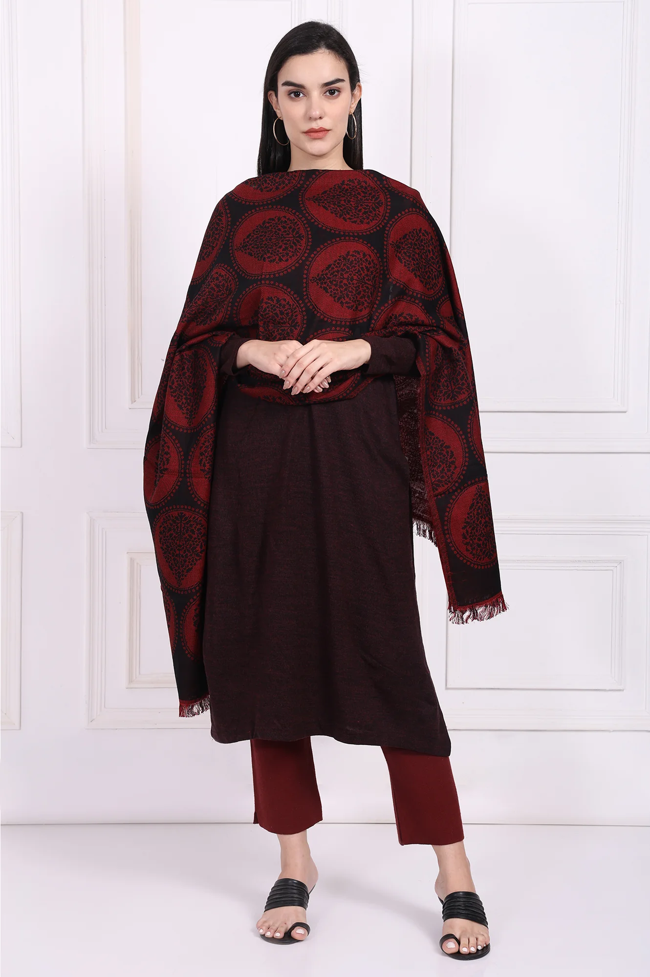 Maroon Ethnic Motifs Cotton Shawl