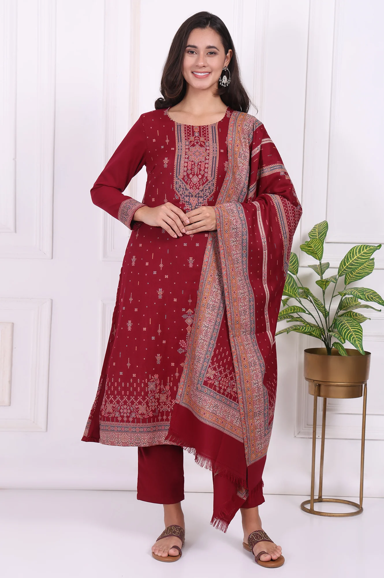 Maroon Ethnic Motifs Printed Straight Kurta, Straight Pants and Dupatta Set