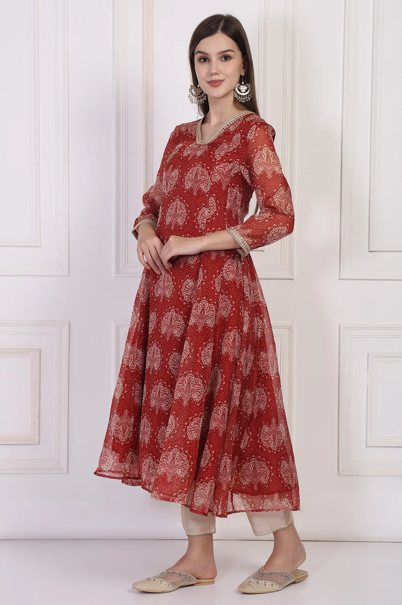 Maroon Ethnic Motifs Printed Zari Work Flared Organza Kurta - Image 4