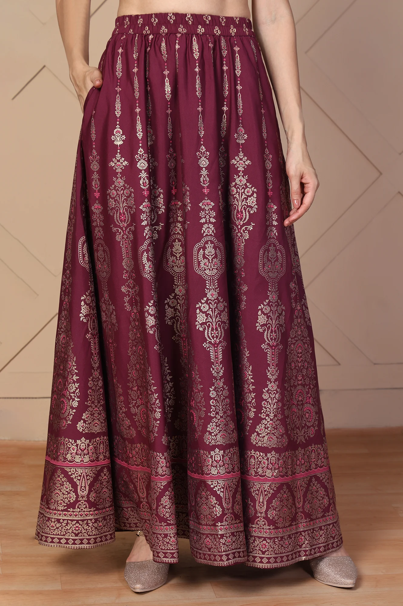 Elleven Women's Maroon Ethnic Printed Flared Skirt