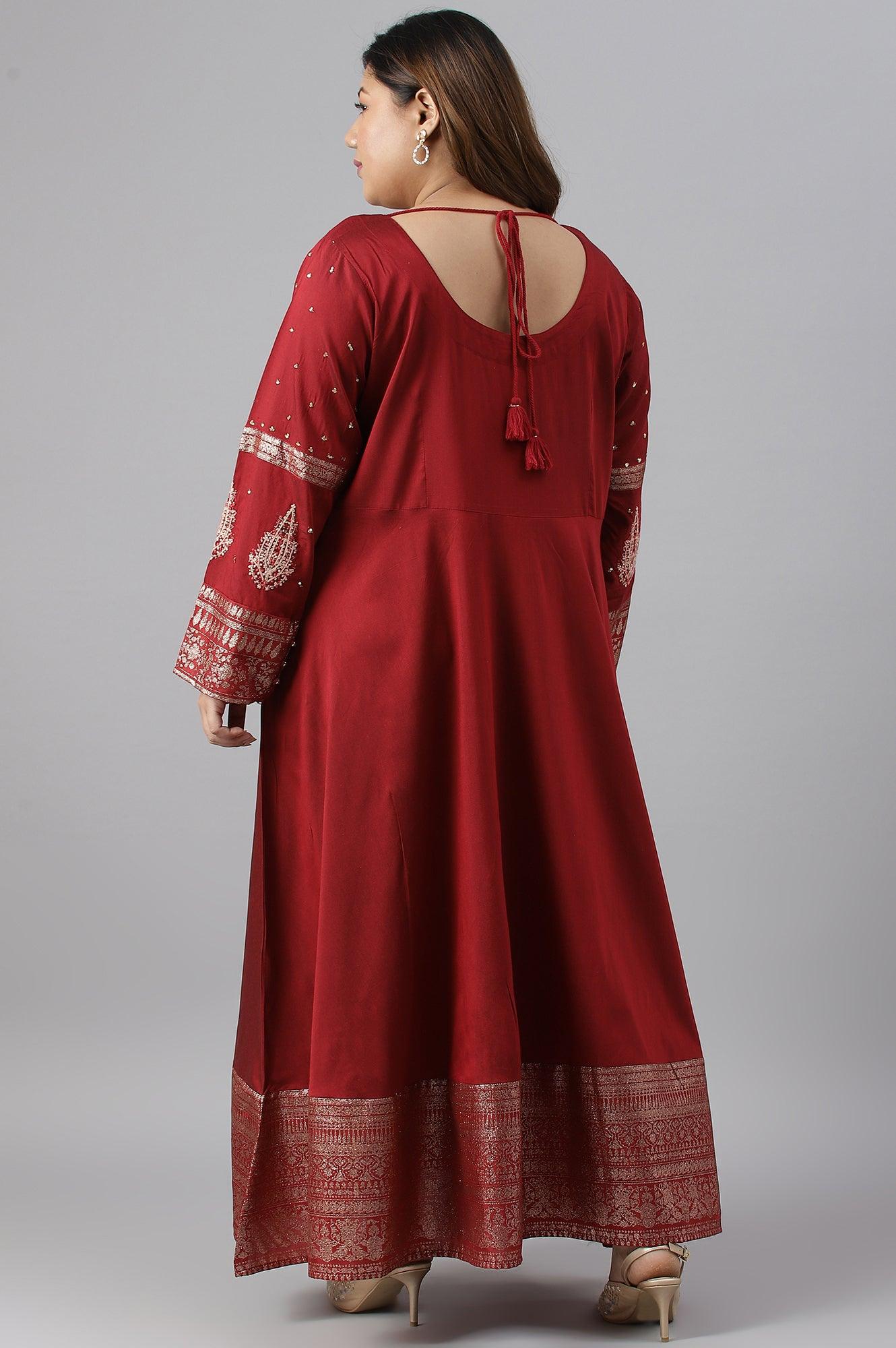 Maroon Festive Plus Size Gown With Embroidery On Neck And Sleeves - Image 2