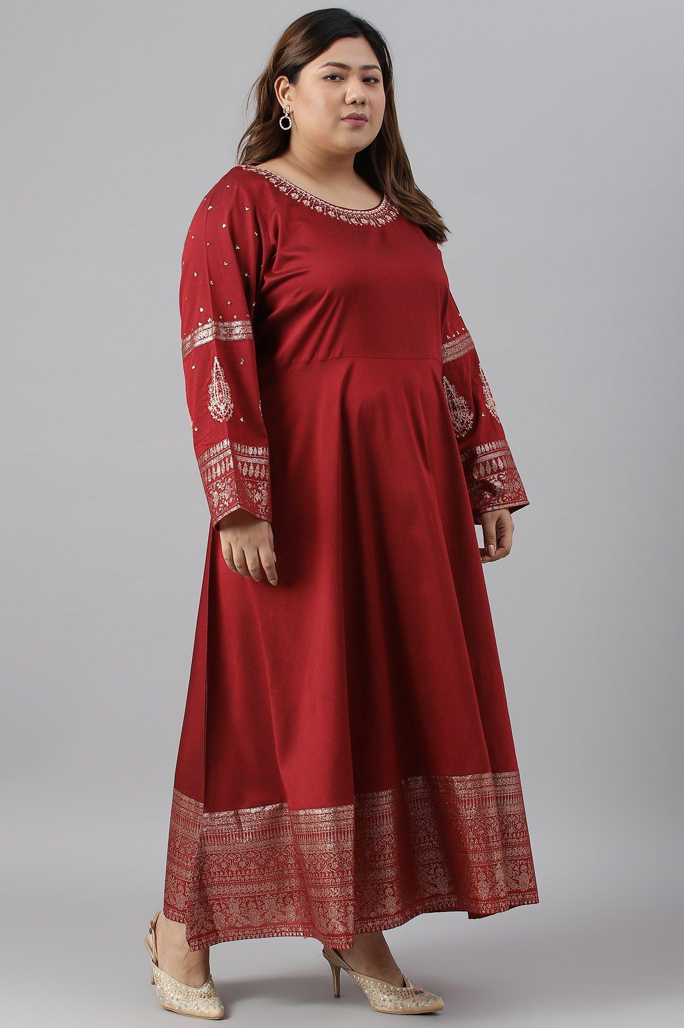 Maroon Festive Plus Size Gown With Embroidery On Neck And Sleeves - Image 3