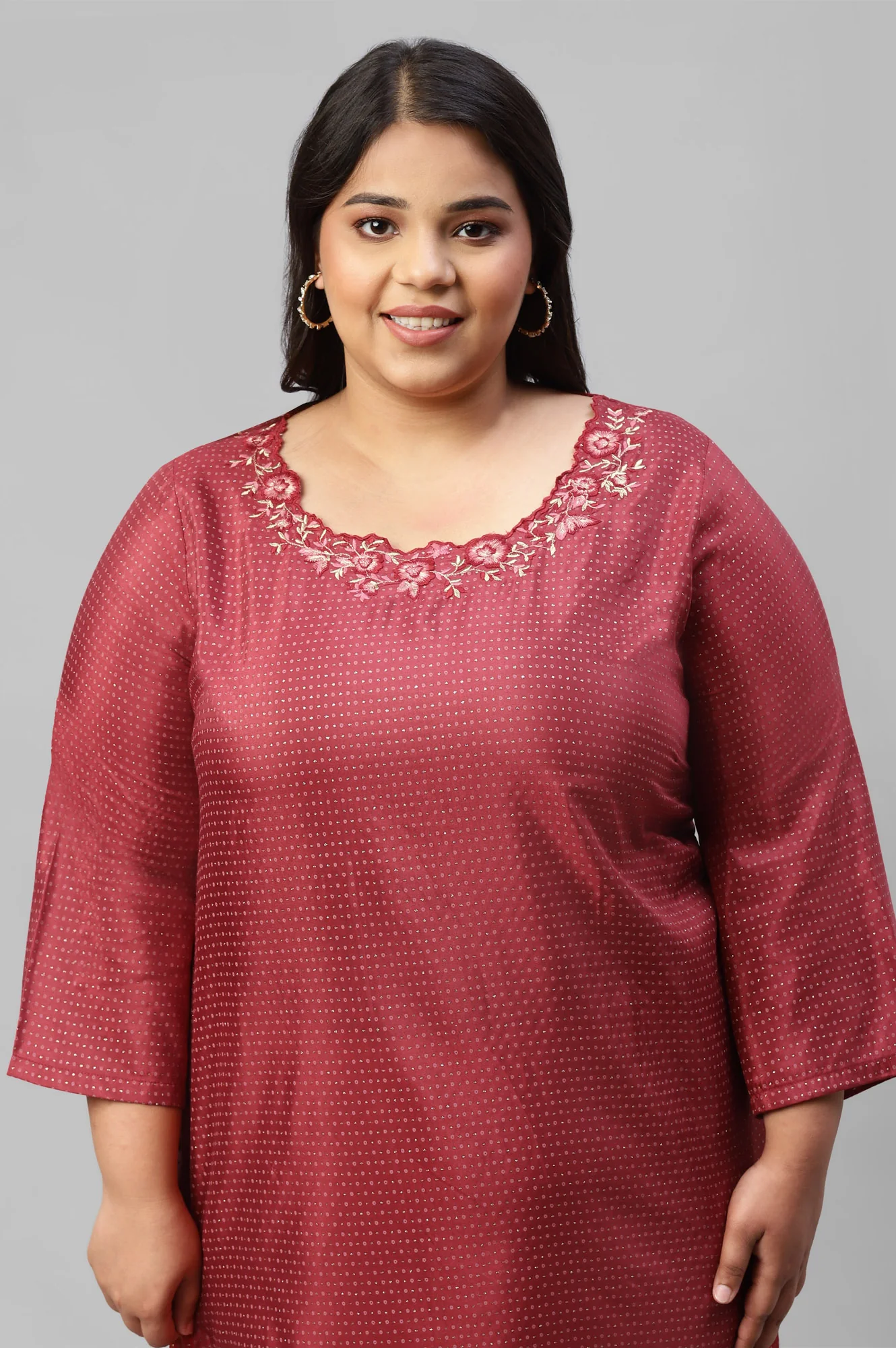 Maroon Festive Plus Size kurta With Embroidered Neck - Image 5