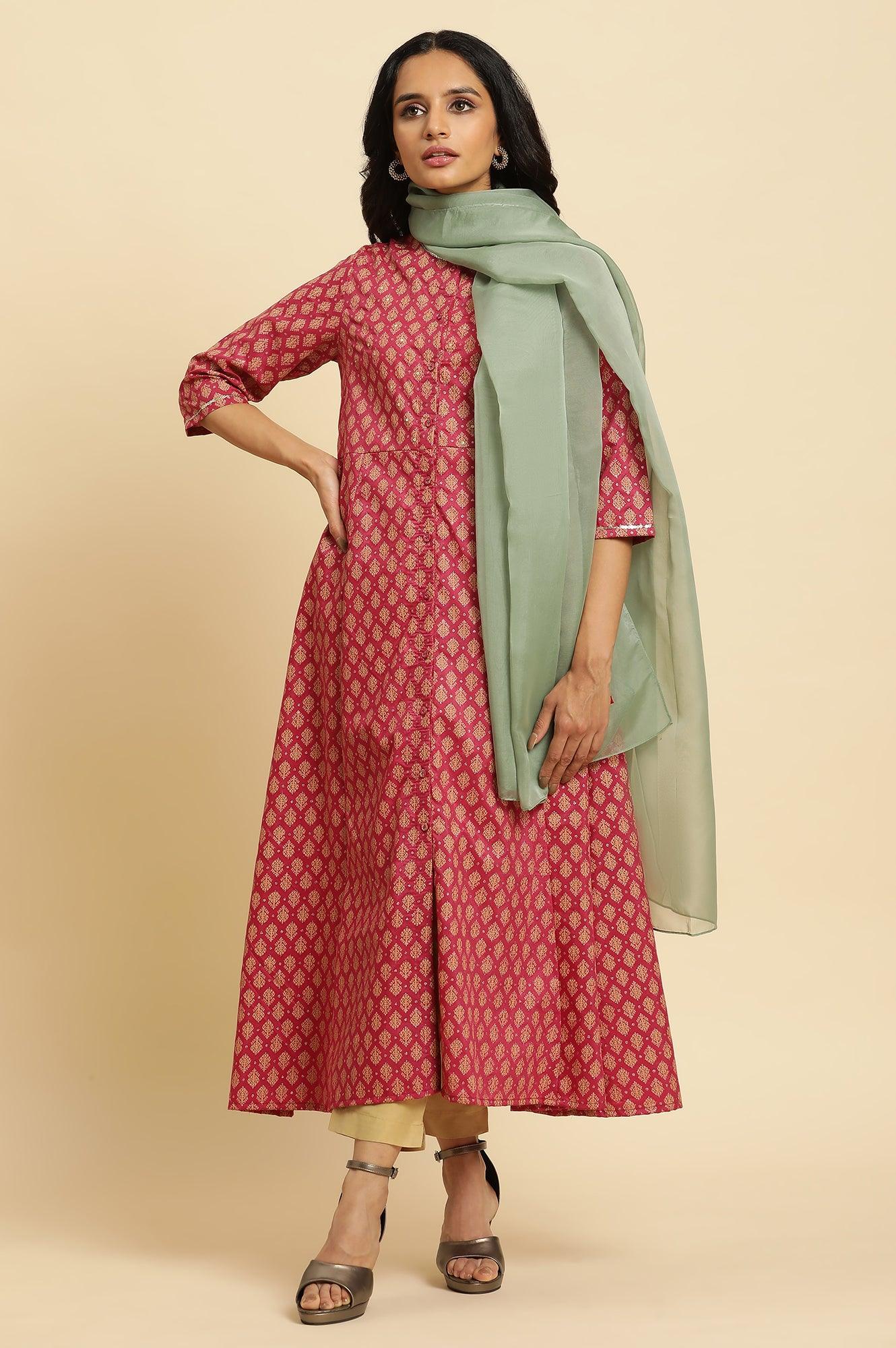 Maroon Flared Festive Kurta, Pants And Organza Dupatta Set - Image 2