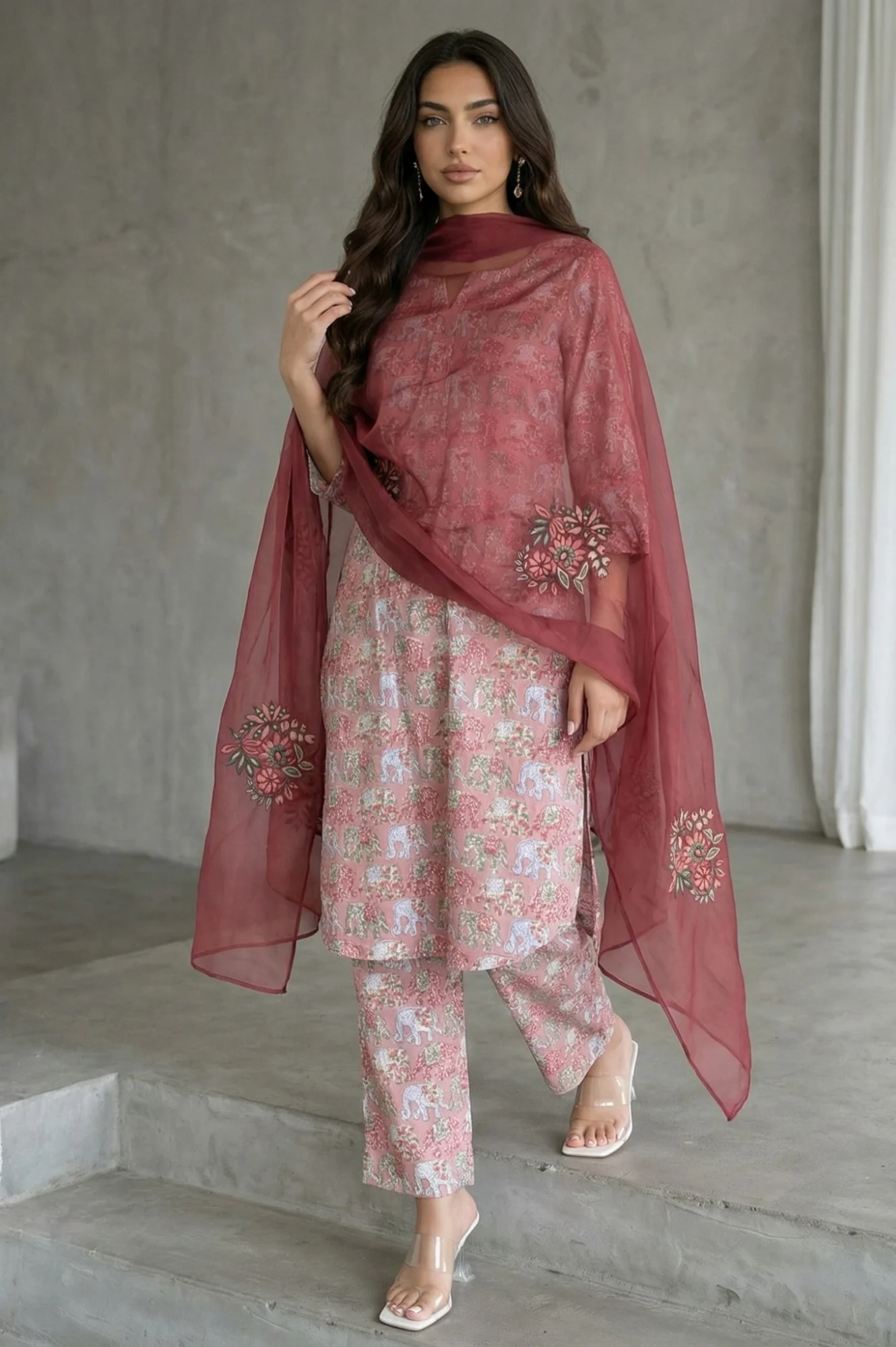 Maroon Floral Embroidered Organza Dupatta