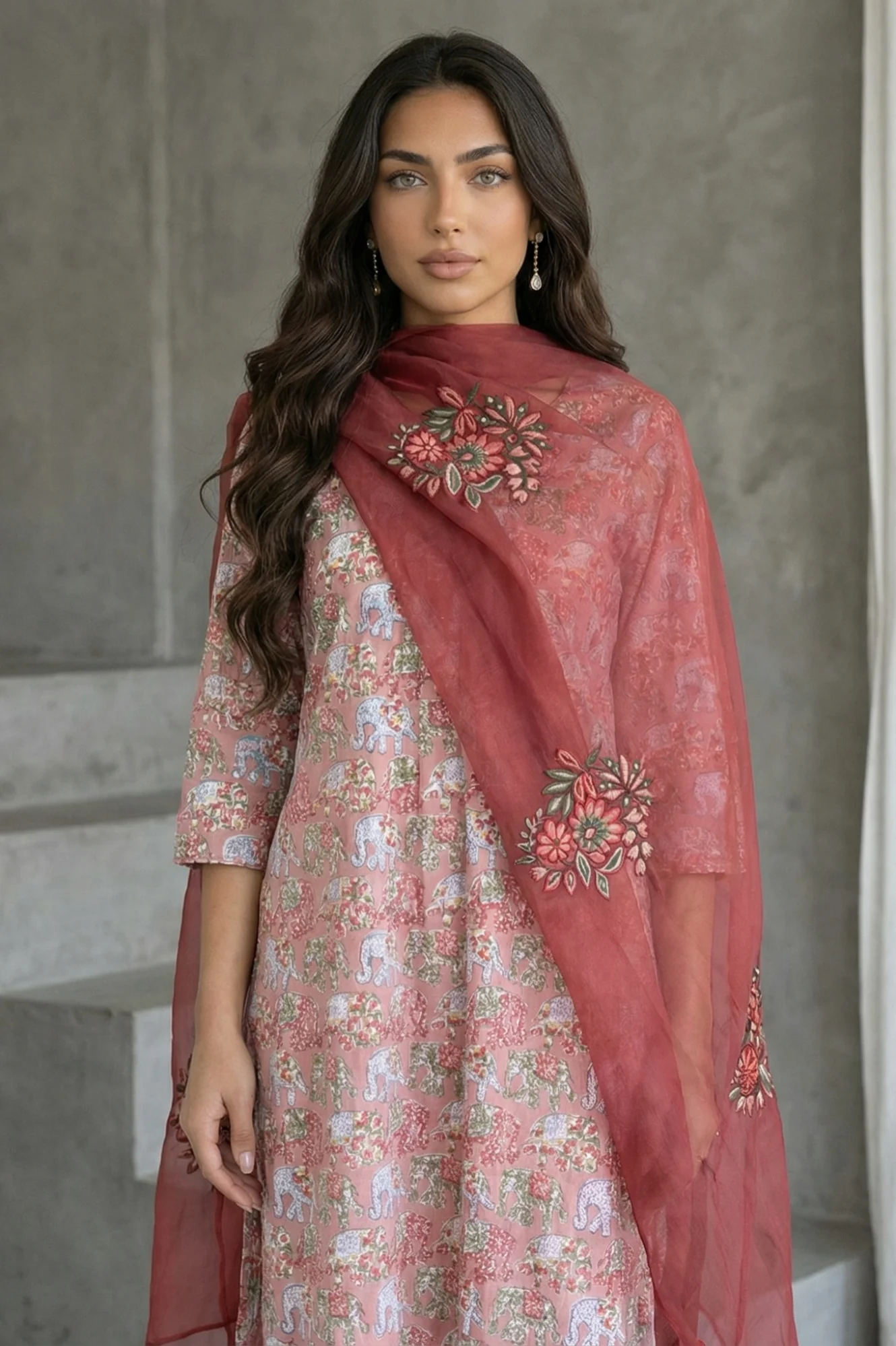 Maroon Floral Embroidered Organza Dupatta - Image 2