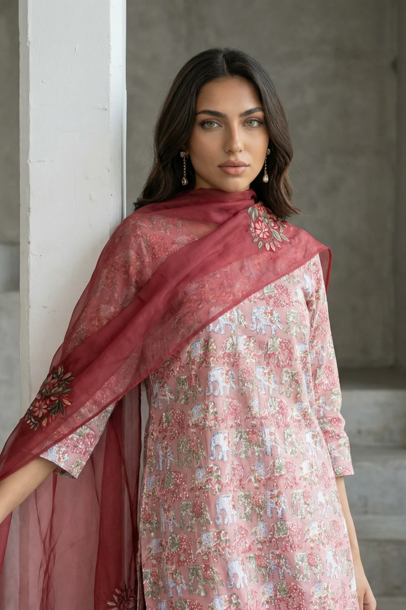 Maroon Floral Embroidered Organza Dupatta - Image 3