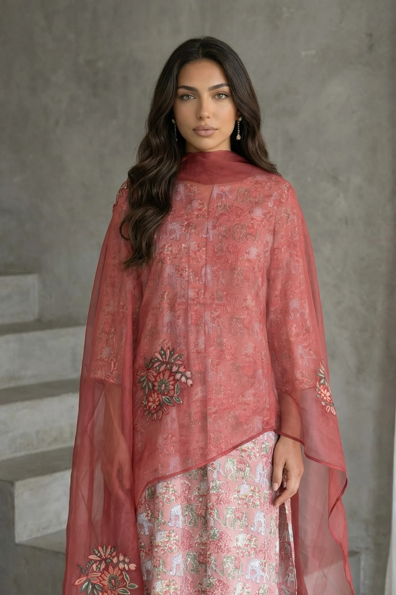 Maroon Floral Embroidered Organza Dupatta - Image 6