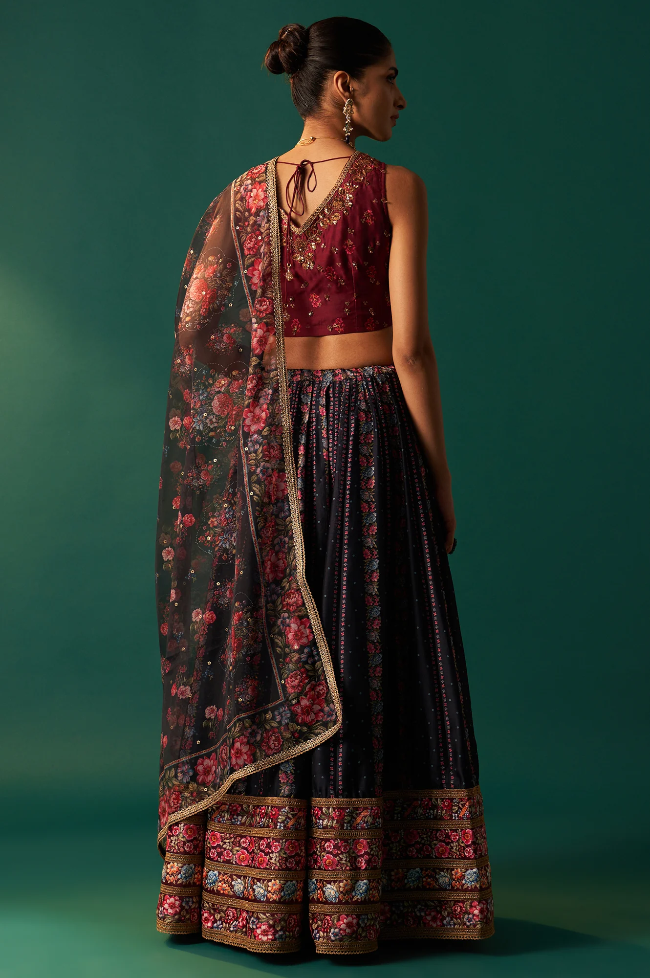 Maroon Floral Printed Sequined Chanderi Blouse with Navy Flared Skirt and Dupatta Set - Image 5