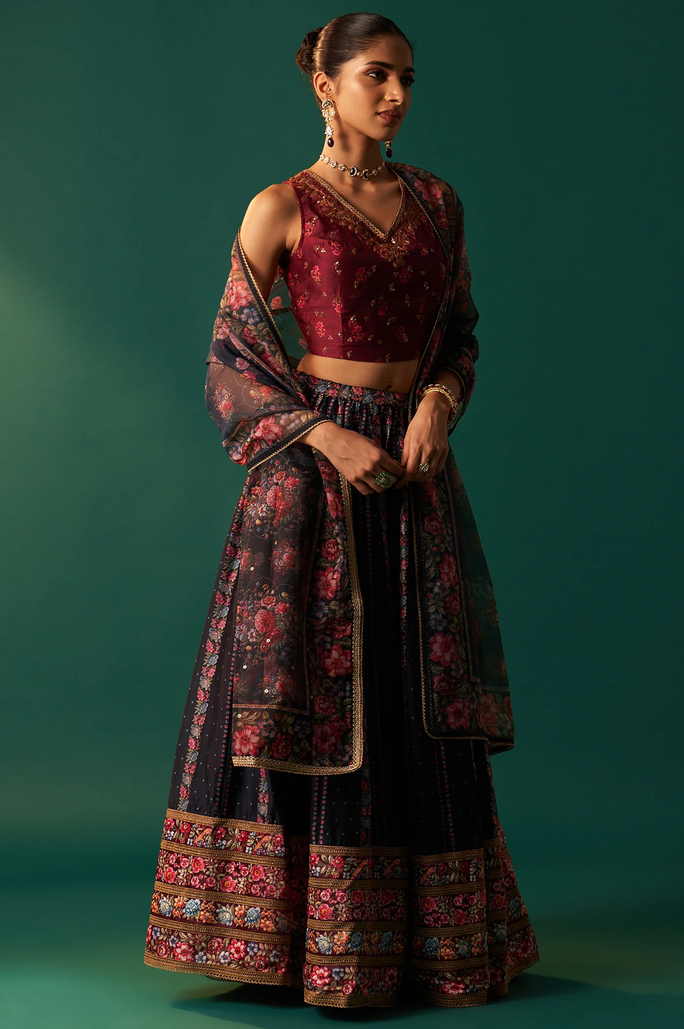 Maroon Floral Printed Sequined Chanderi Blouse with Navy Flared Skirt and Dupatta Set - Image 6
