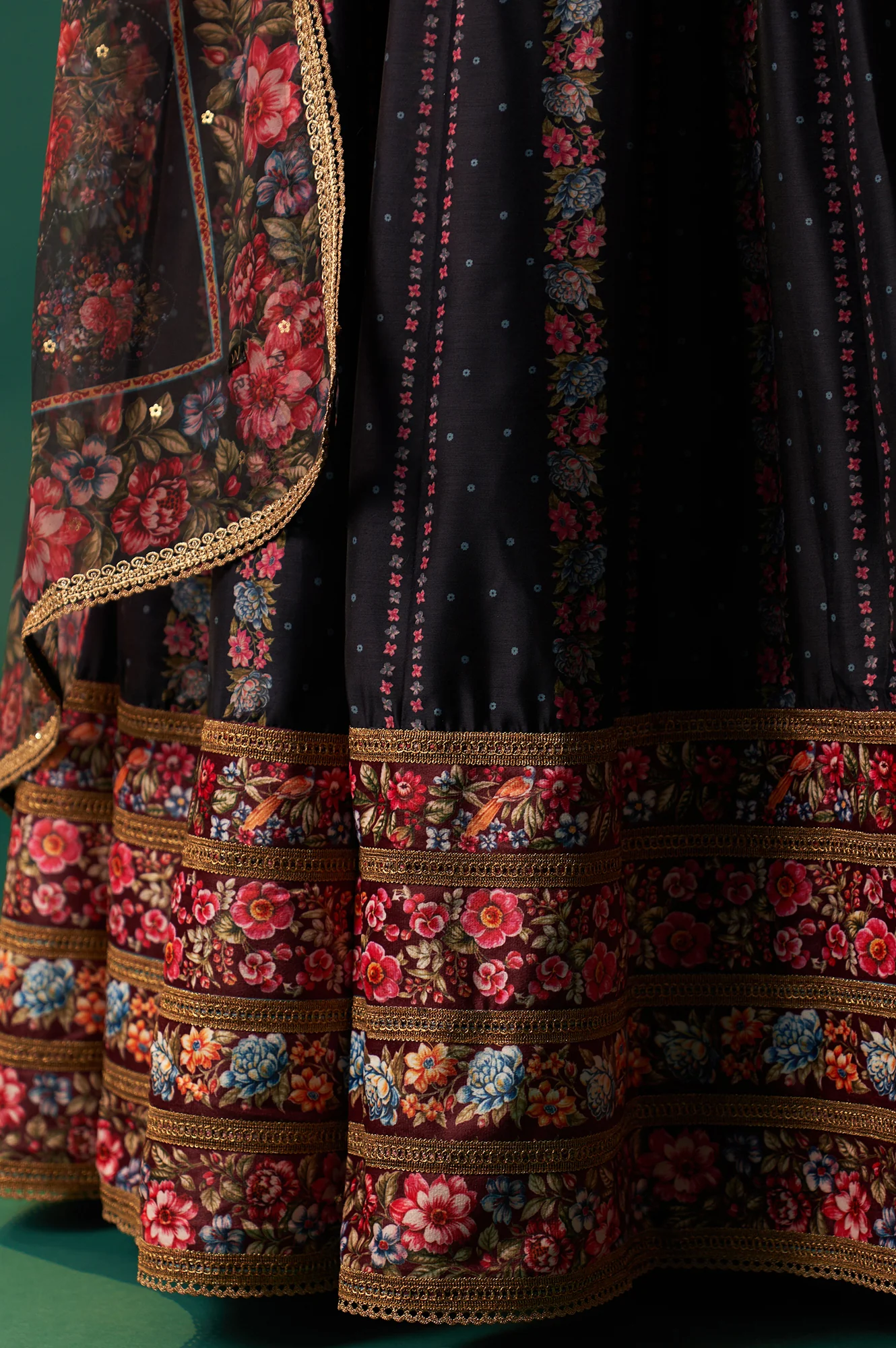 Maroon Floral Printed Sequined Chanderi Blouse with Navy Flared Skirt and Dupatta Set - Image 7