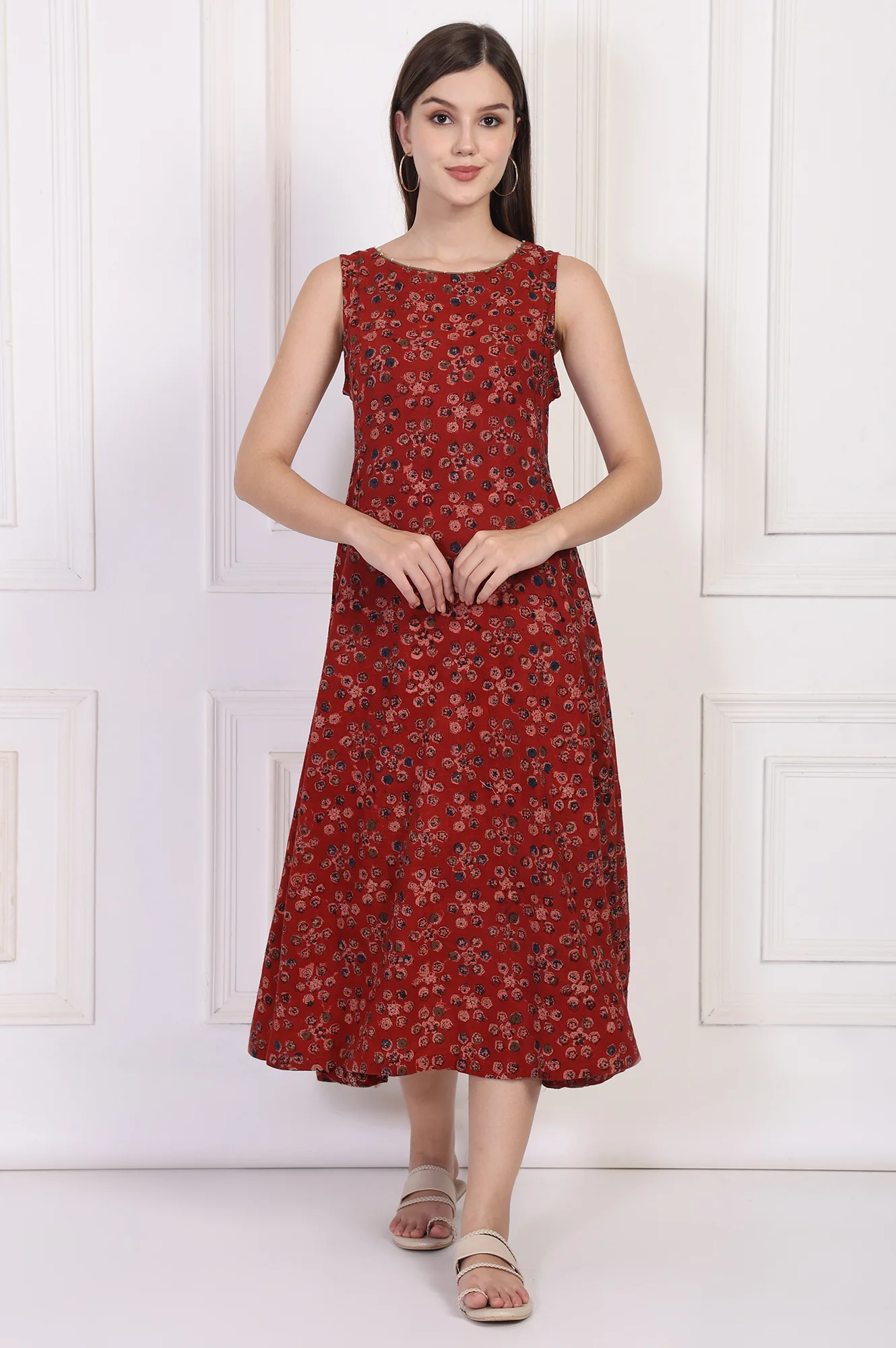 Maroon Floral Printed Cotton A-Line Dress