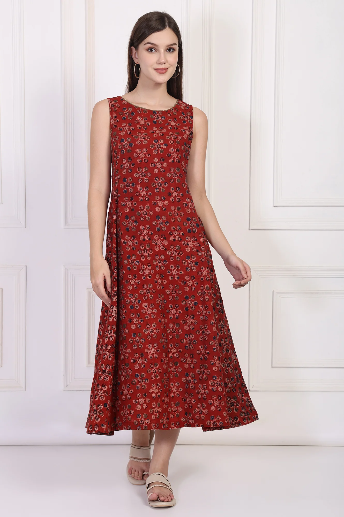 Maroon Floral Printed Cotton A-Line Dress - Image 2