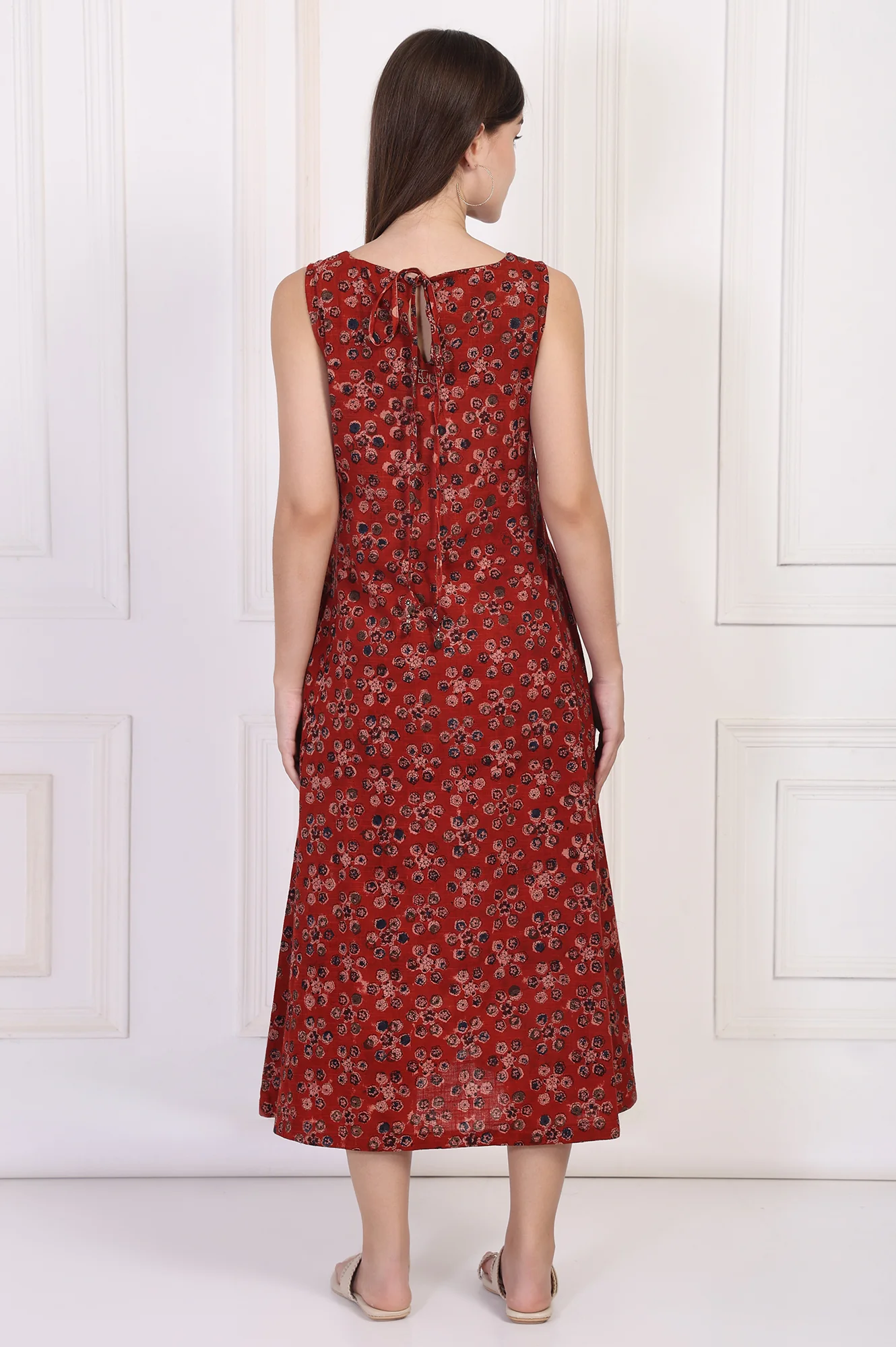 Maroon Floral Printed Cotton A-Line Dress - Image 5