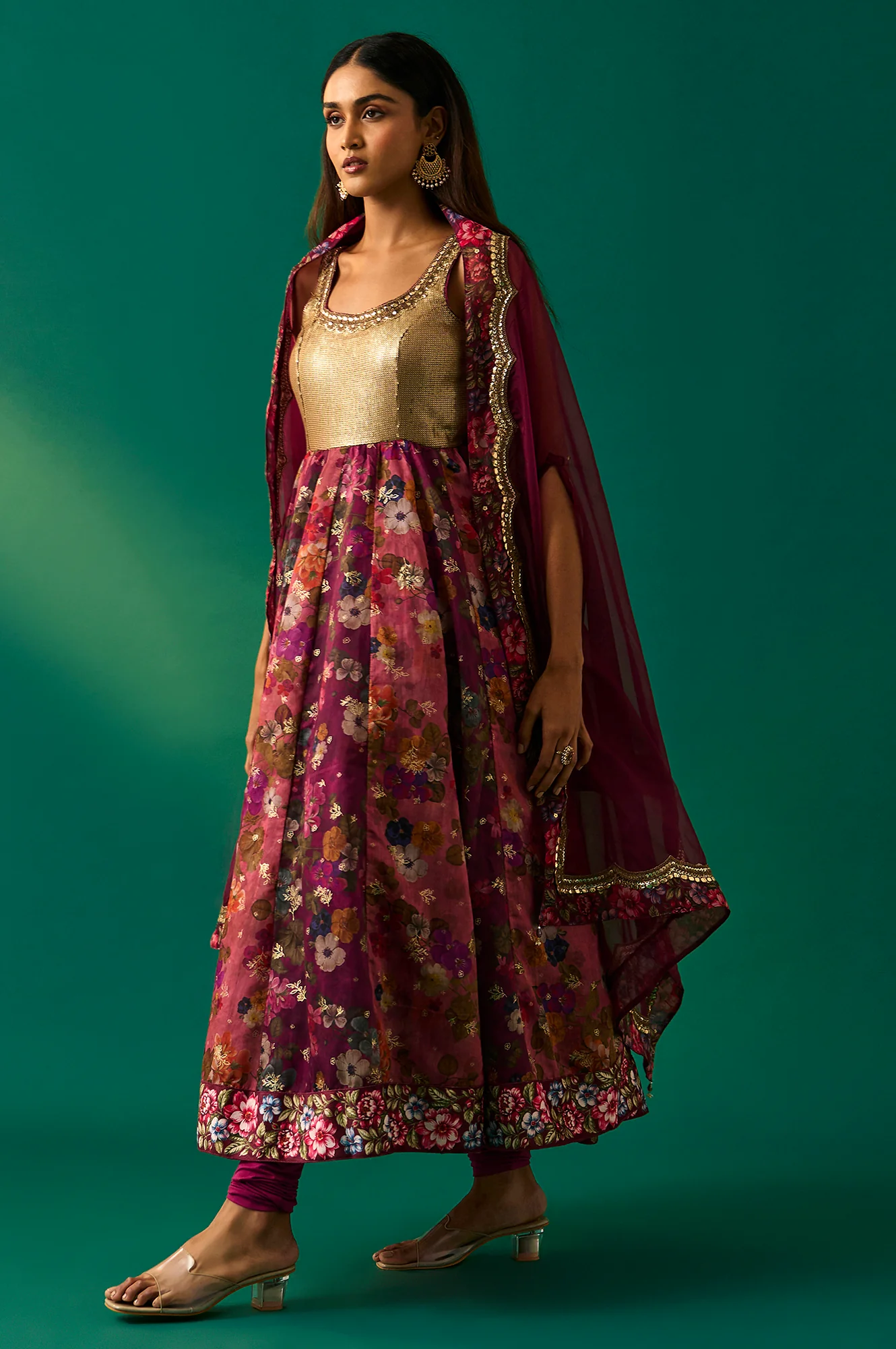 Maroon Floral Printed Embellished Anarkali Crepe Dress with Churidar and Cape Set - Image 3