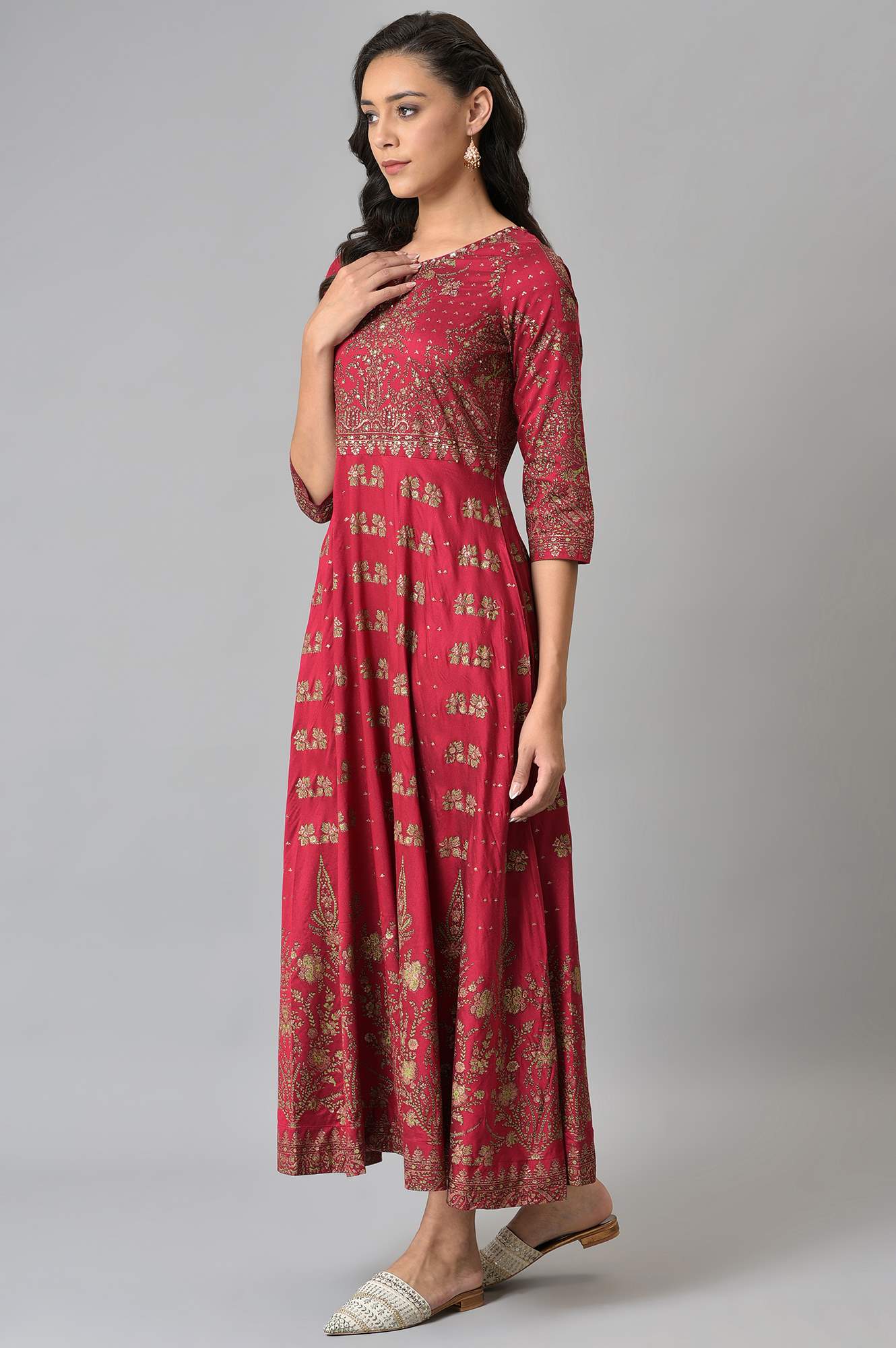 Maroon Floral Printed Festive Indie Dress - Image 3