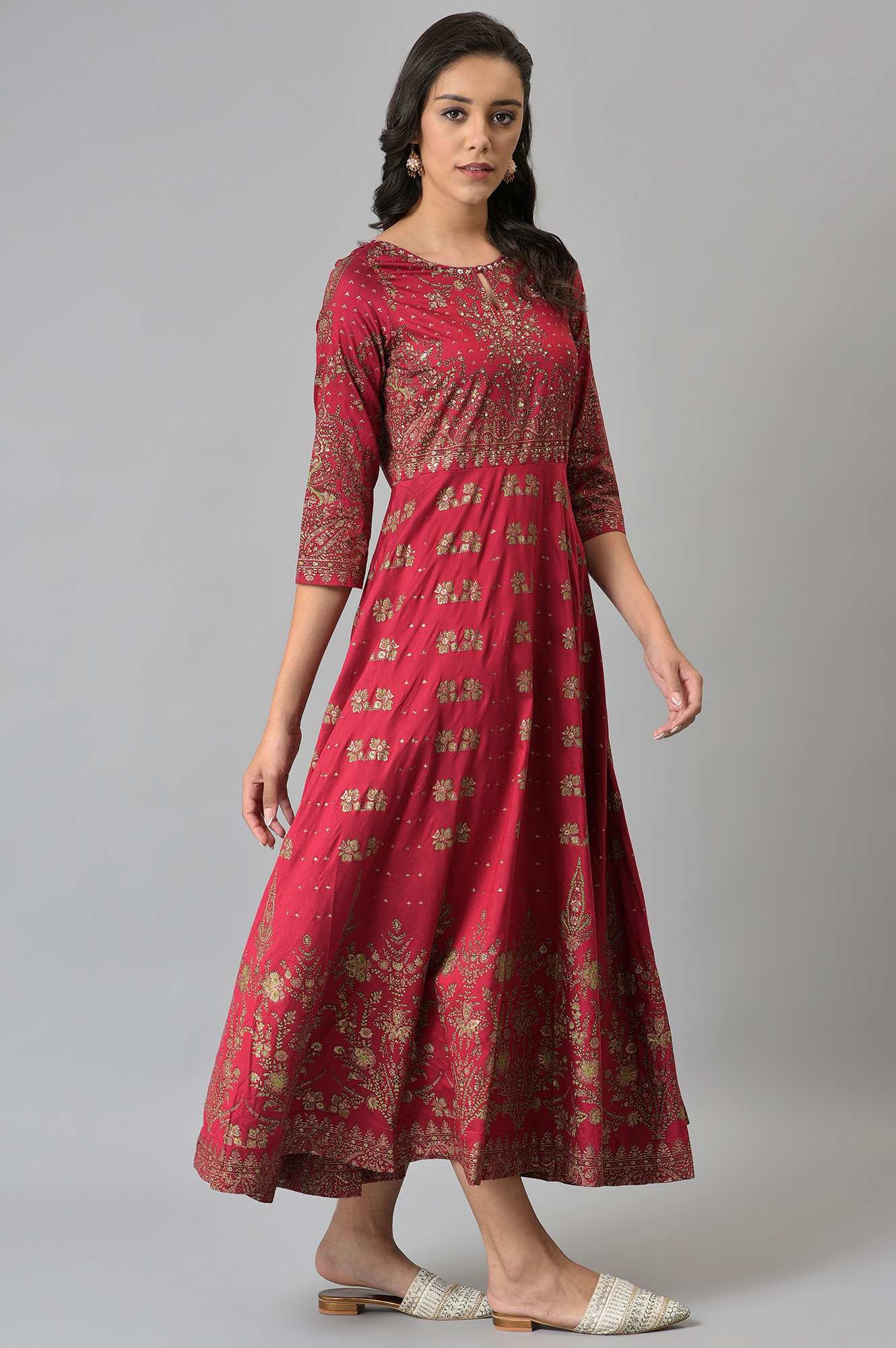Maroon Floral Printed Festive Indie Dress - Image 4